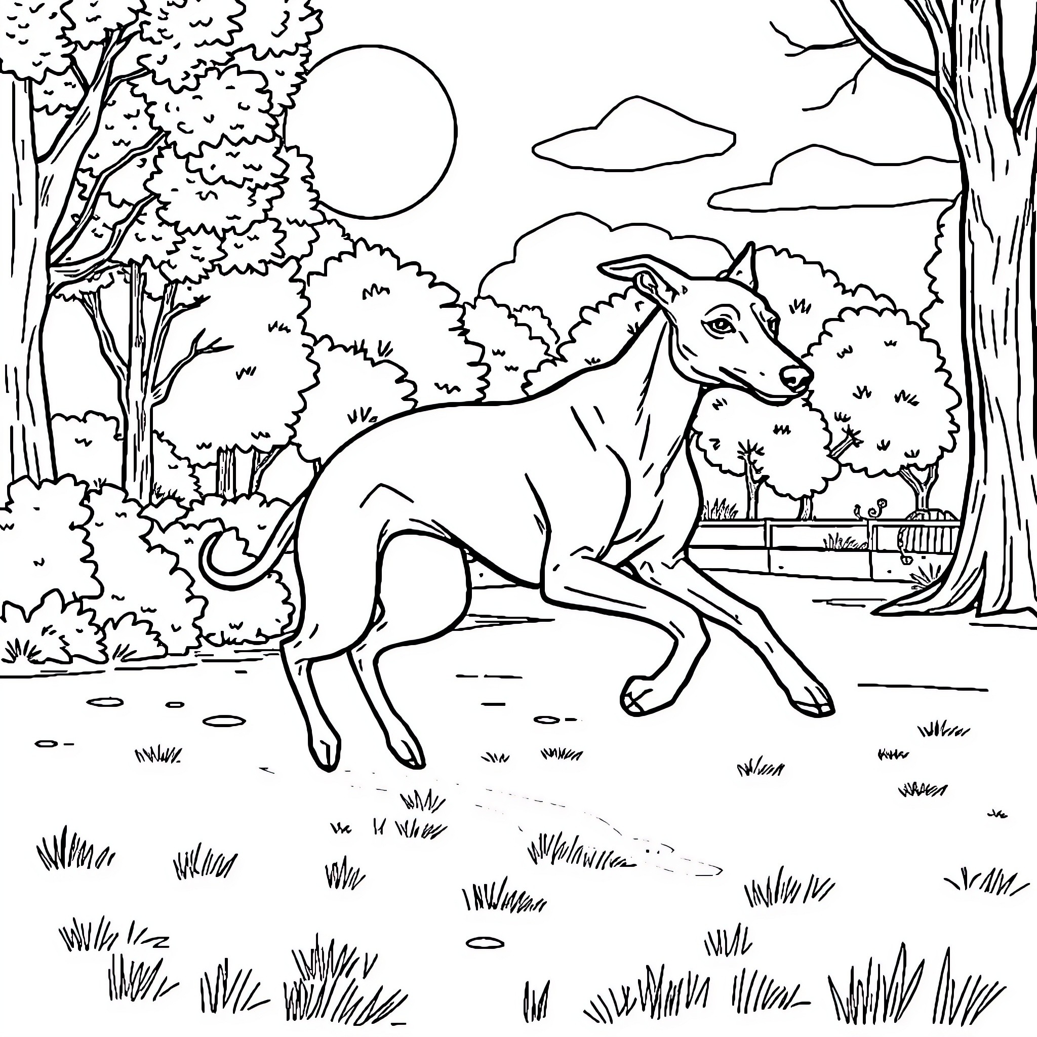 Greyhound running through a forest landscape Coloring Page (free black-and-white line drawing printable PDF for all, from beginners to advanced learners, including children, teens, adults, and seniors)