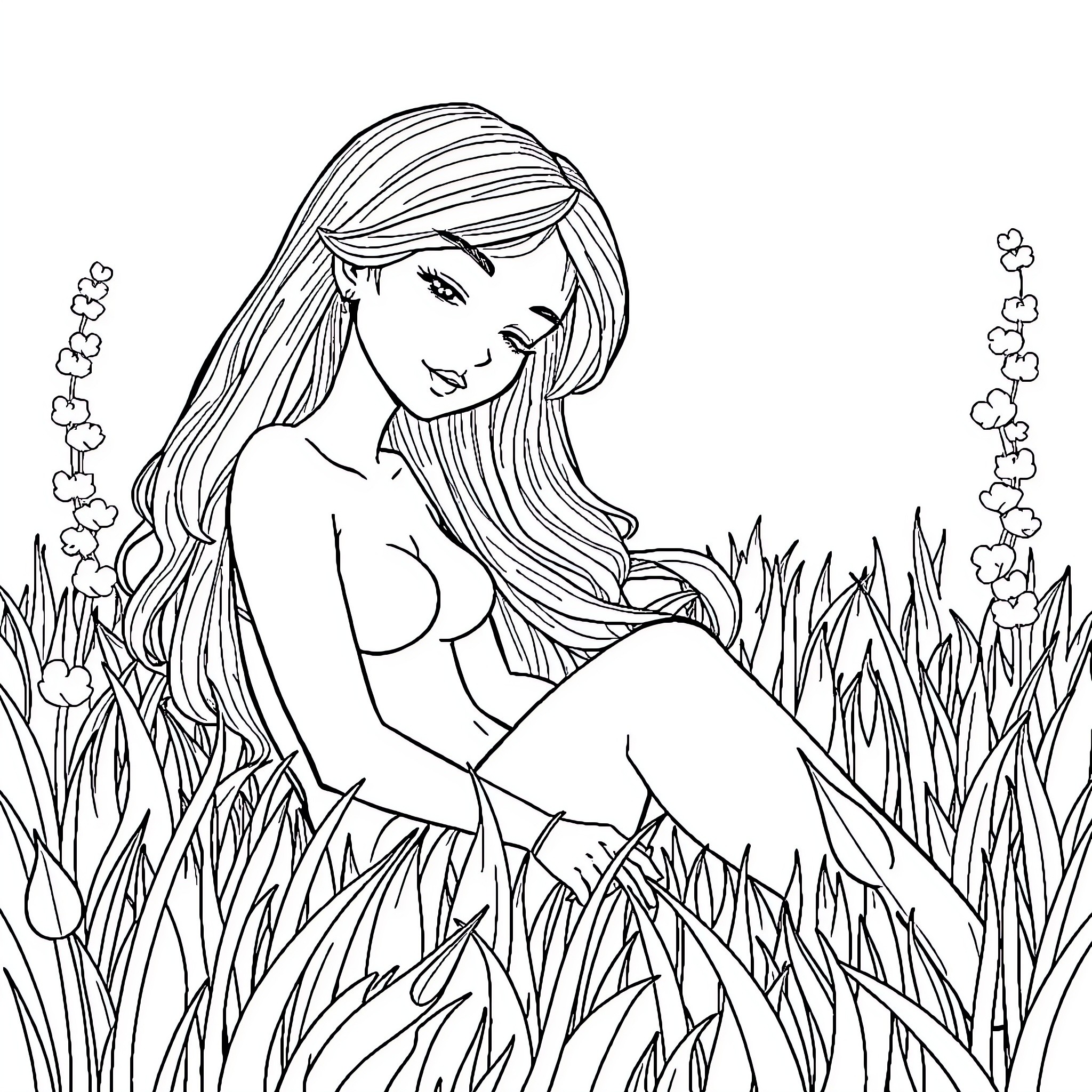 Rapunzel Sitting Amidst Lush Foliage Coloring Page (free black-and-white line drawing printable PDF for all, from beginners to advanced learners, including children, teens, adults, and seniors)