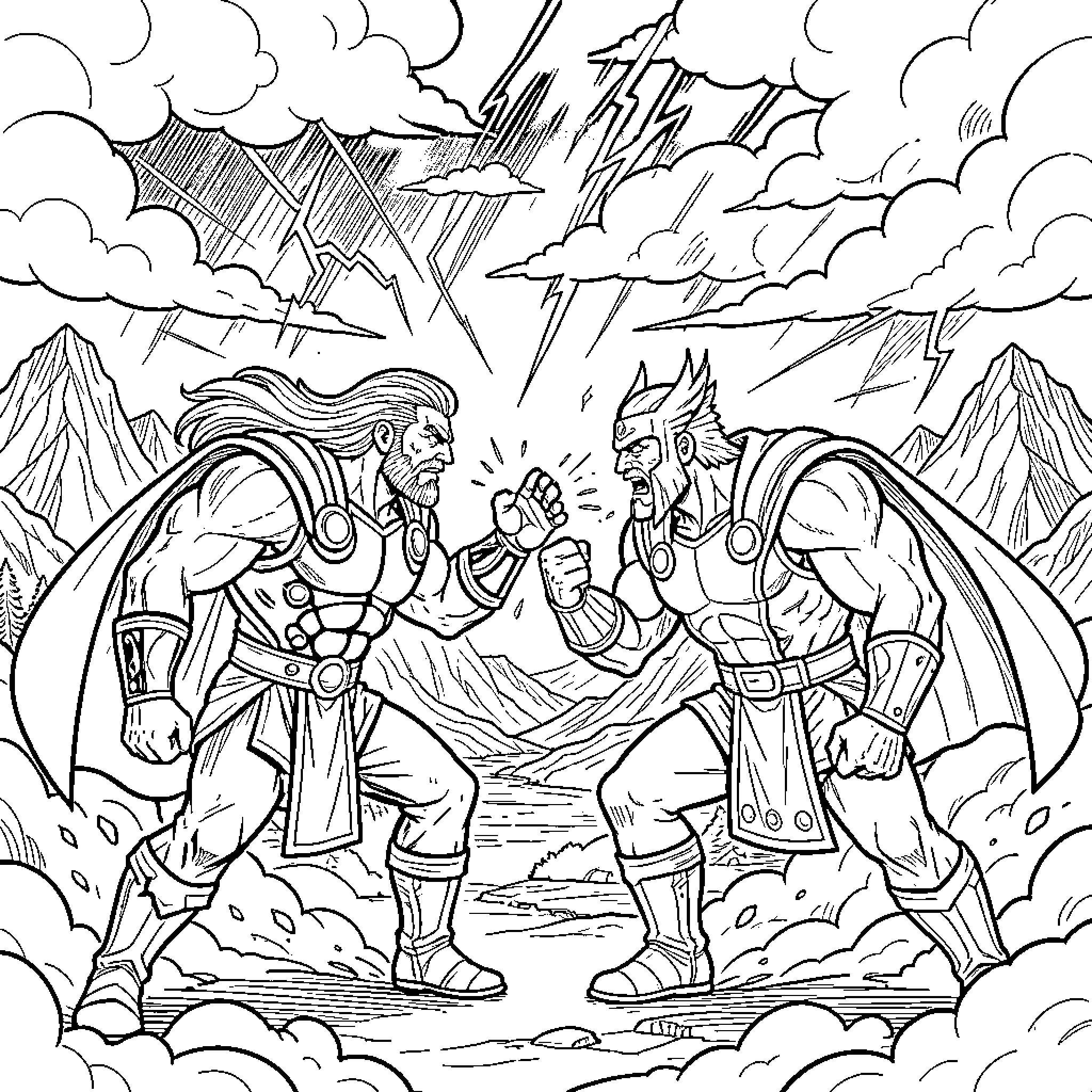 Sangoku characters facing each other in a powerful battle Coloring Page (free black-and-white line drawing printable PDF for all, from beginners to advanced learners, including children, teens, adults, and seniors)