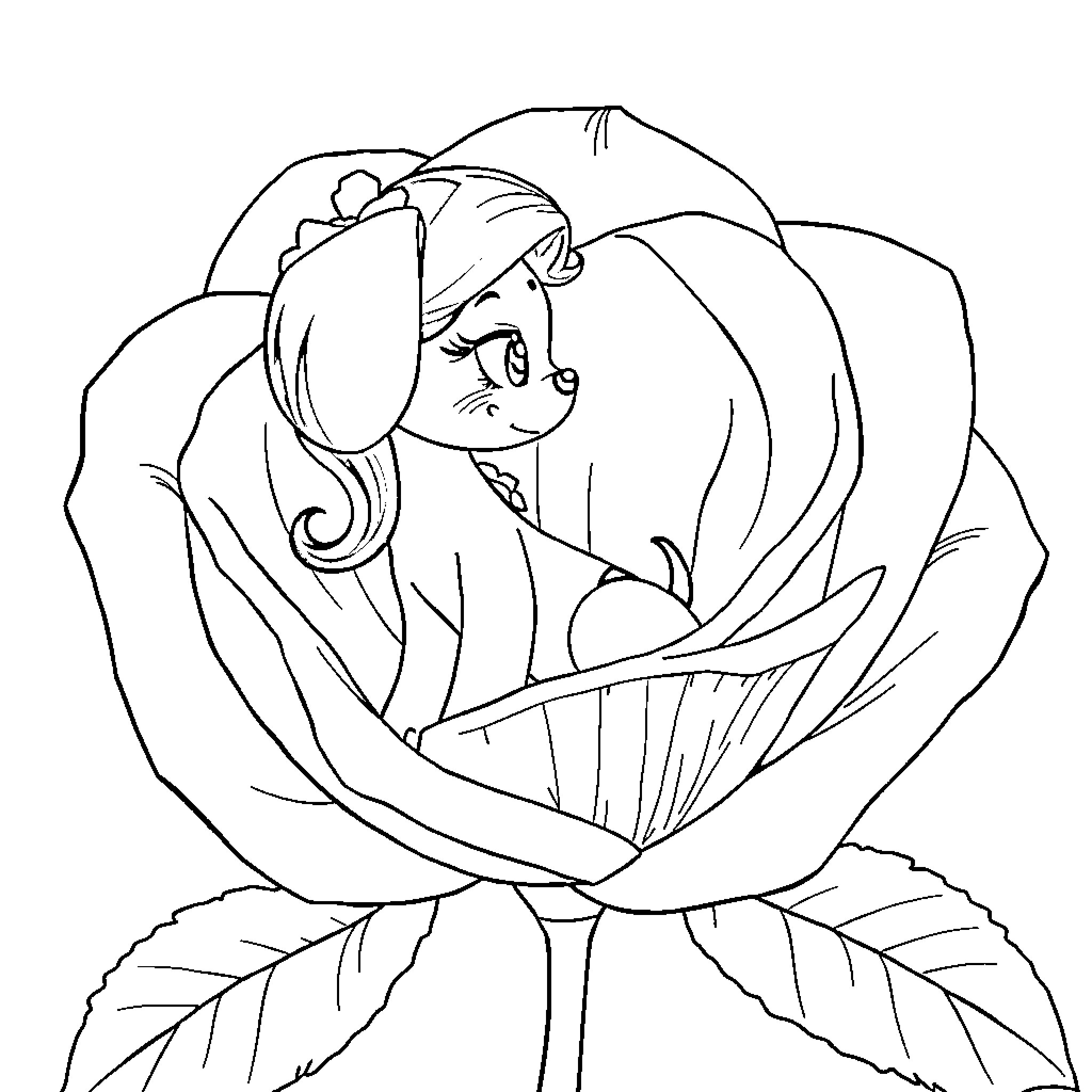 Millie enjoying a cozy flower Coloring Page (free black-and-white line drawing printable PDF for all, from beginners to advanced learners, including children, teens, adults, and seniors)