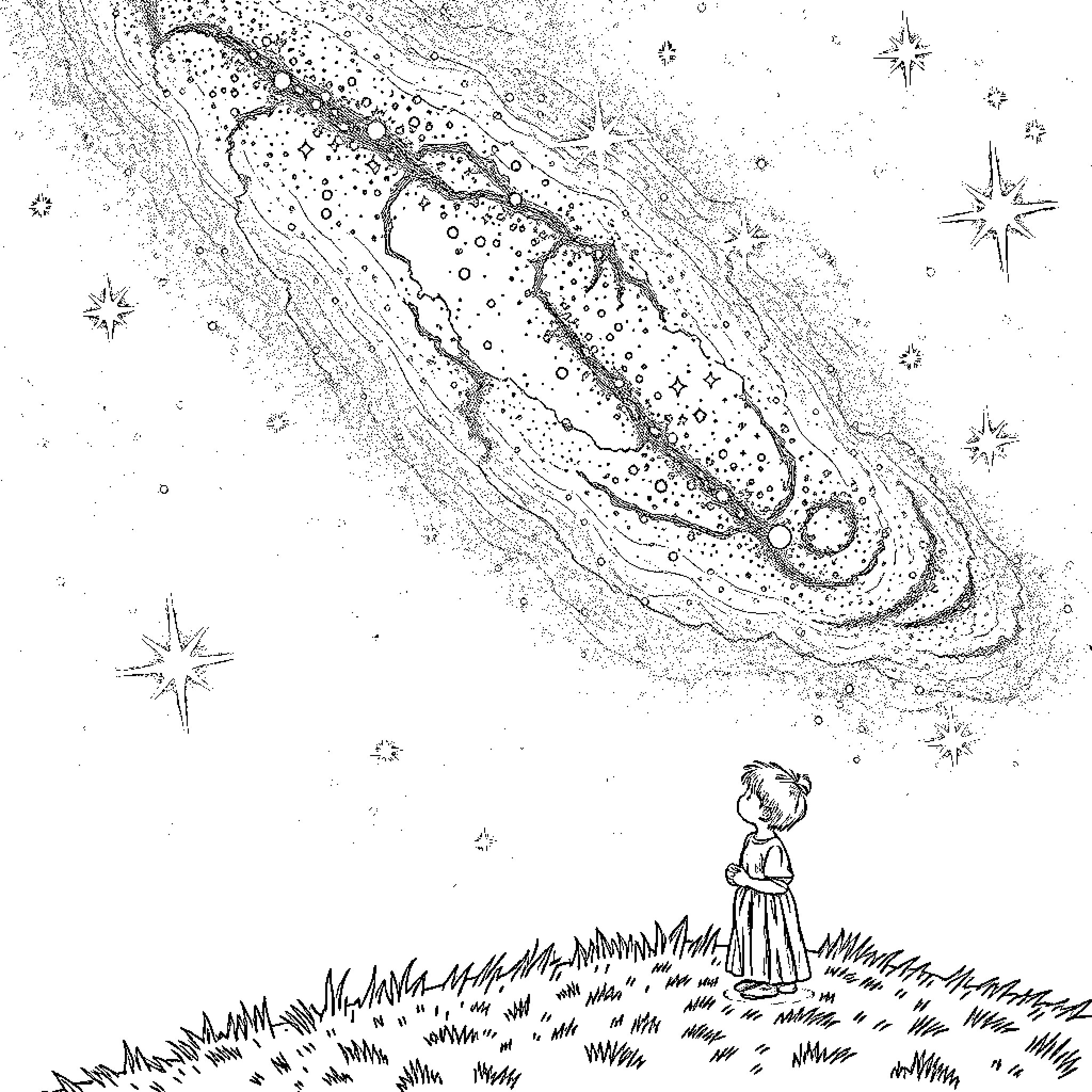 Star-gazing child in a starry night landscape Coloring Page (free black-and-white line drawing printable PDF for all, from beginners to advanced learners, including children, teens, adults, and seniors)