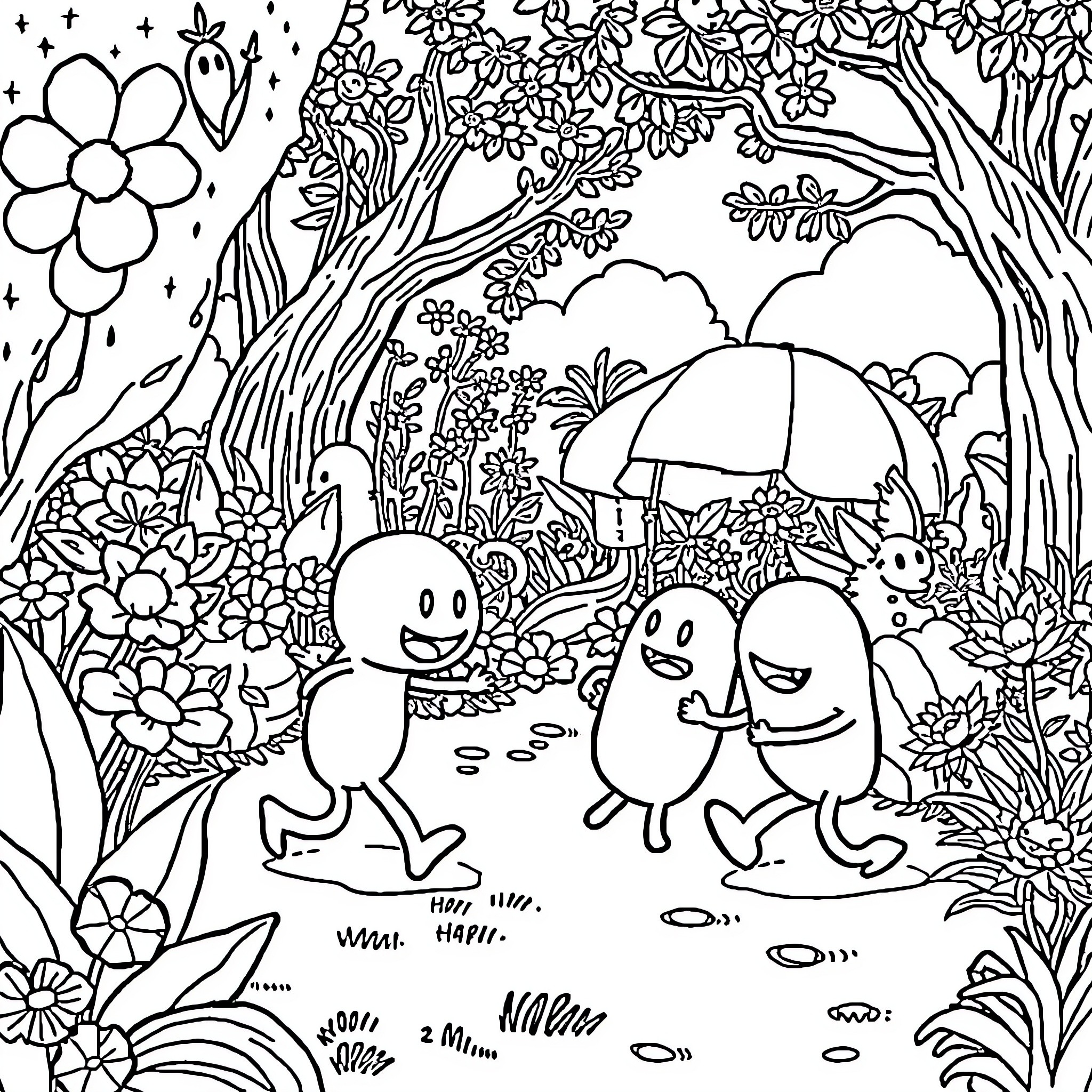 Garten of Banban: Friendly characters exploring a whimsical garden Coloring Page (free black-and-white line drawing printable PDF for all, from beginners to advanced learners, including children, teens, adults, and seniors)