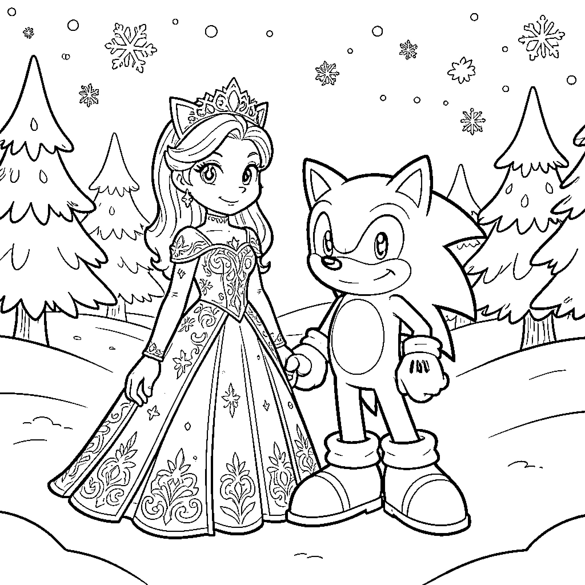 Queen in royal gown holding hands with a hero Coloring Page (free black-and-white line drawing printable PDF for all, from beginners to advanced learners, including children, teens, adults, and seniors)