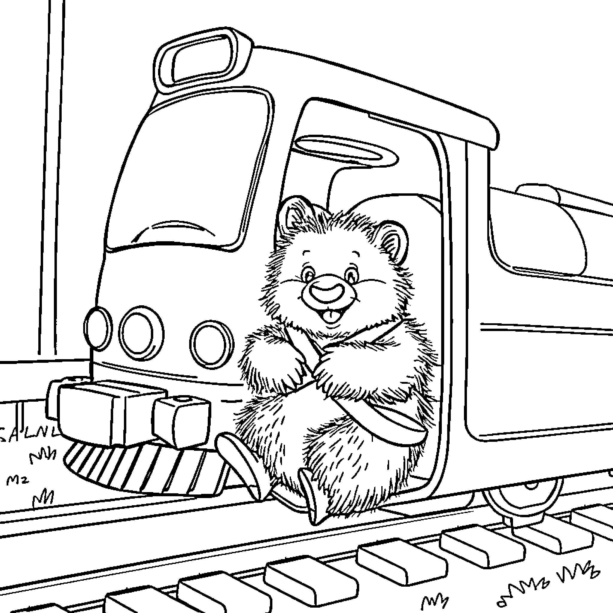 Tractor with a happy furry companion Coloring Page (free black-and-white line drawing printable PDF for all, from beginners to advanced learners, including children, teens, adults, and seniors)