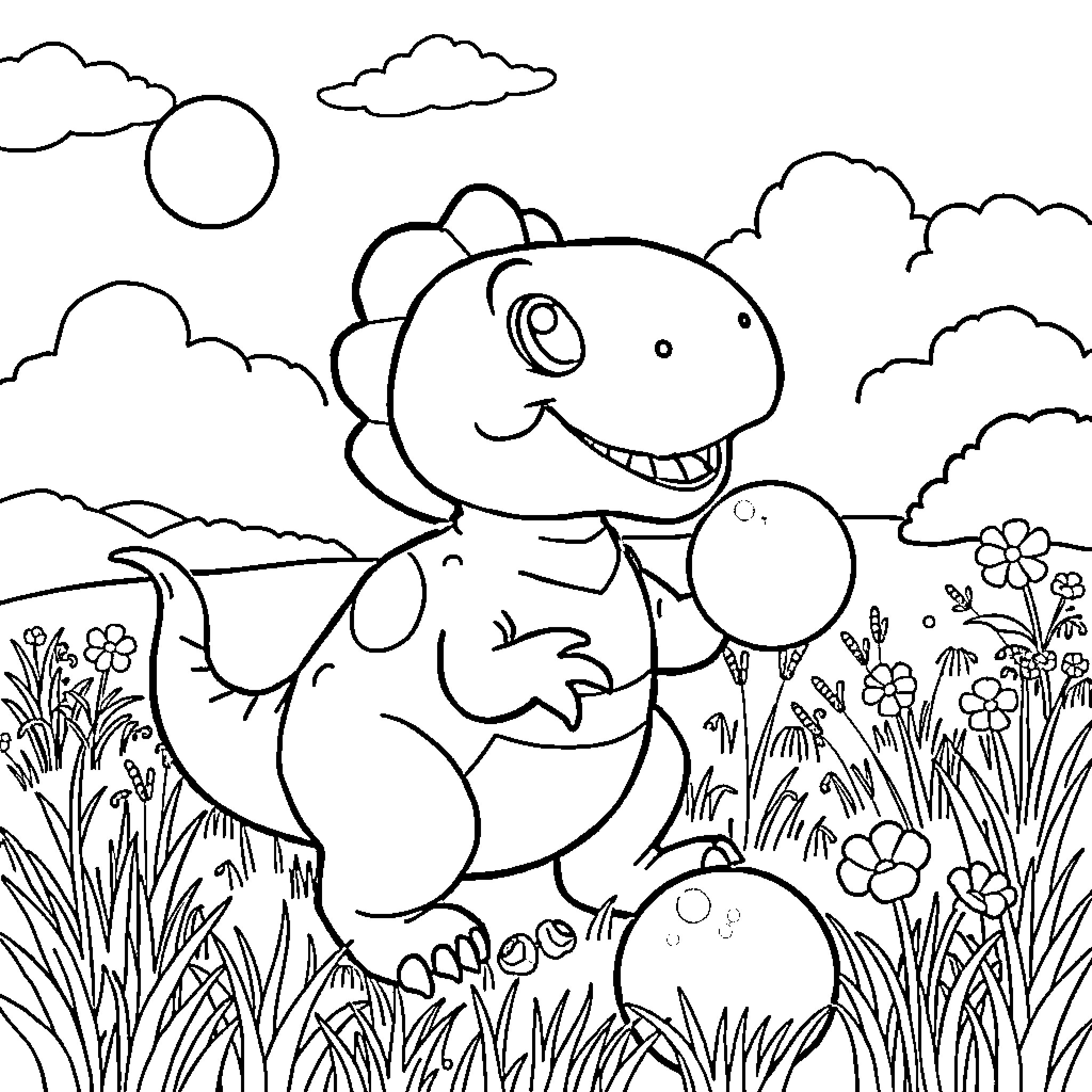 Dinosaur playing with balloons in a meadow Coloring Page (free black-and-white line drawing printable PDF for all, from beginners to advanced learners, including children, teens, adults, and seniors)