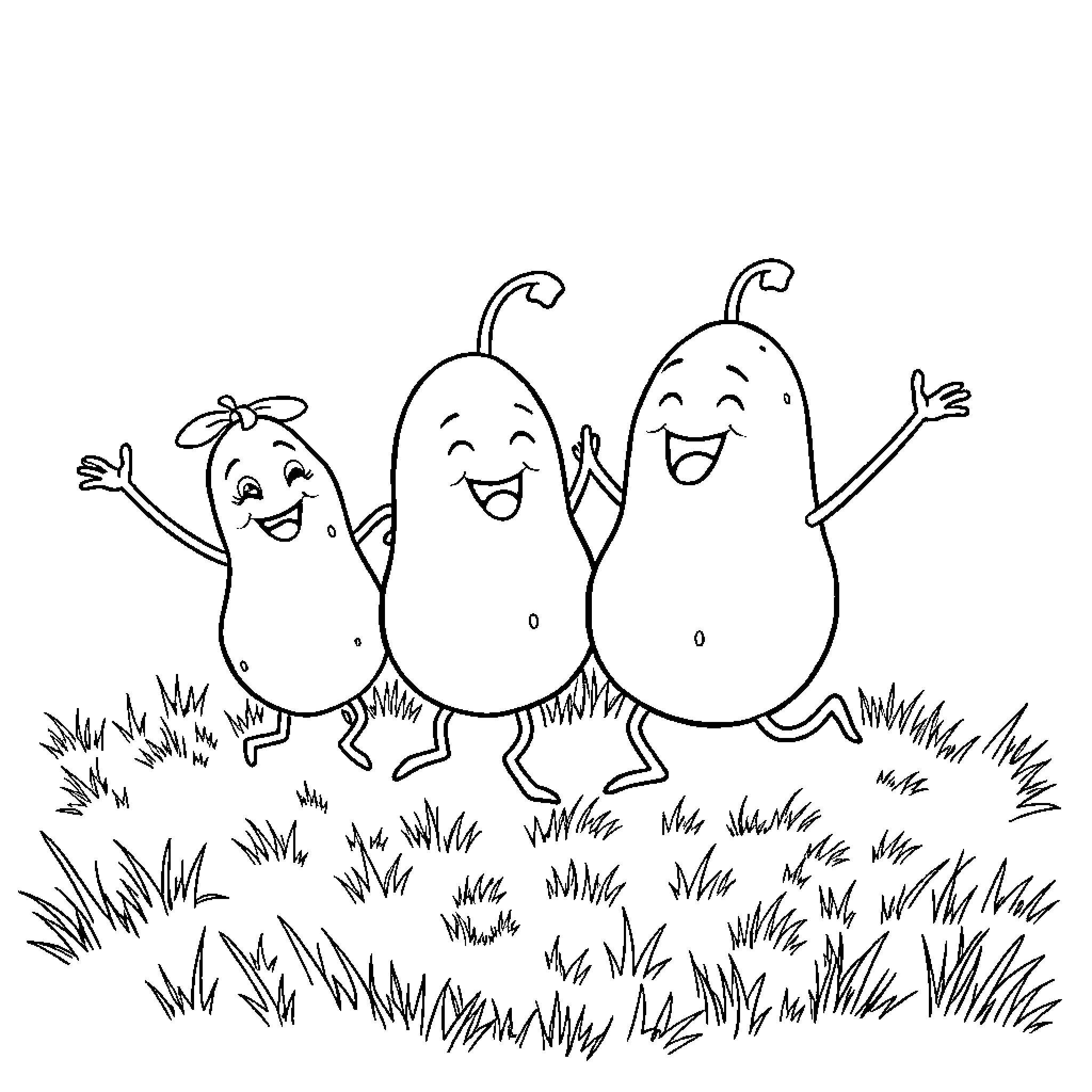 Potato friends having a joyful gathering Coloring Page (free black-and-white line drawing printable PDF for all, from beginners to advanced learners, including children, teens, adults, and seniors)