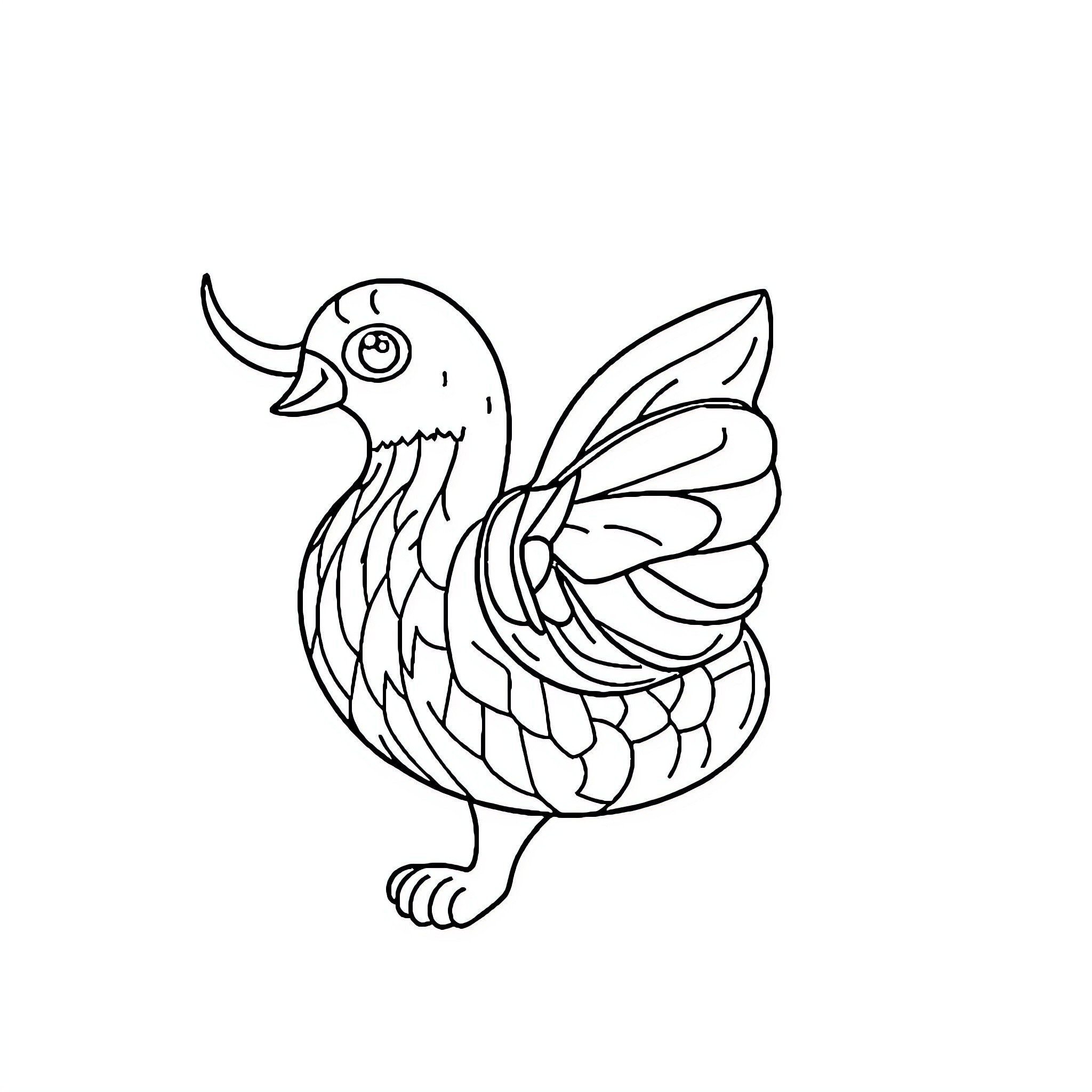 Printable Whimsical Cartoon Bird Illustration Coloring Page (free black-and-white line drawing printable PDF for all, from beginners to advanced learners, including children, teens, adults, and seniors)