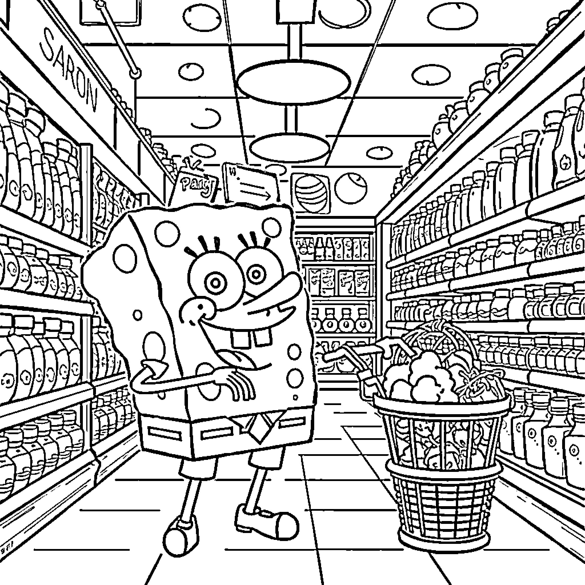 Spongebob's Silly Shopping Spree Coloring Page (free black-and-white line drawing printable PDF for all, from beginners to advanced learners, including children, teens, adults, and seniors)