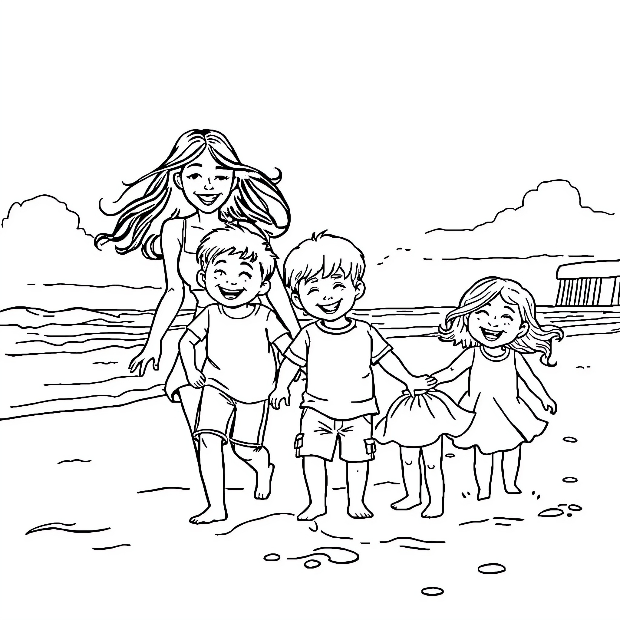 Family enjoying a sunny day at the beach Coloring Page (free black-and-white line drawing printable PDF for all, from beginners to advanced learners, including children, teens, adults, and seniors)