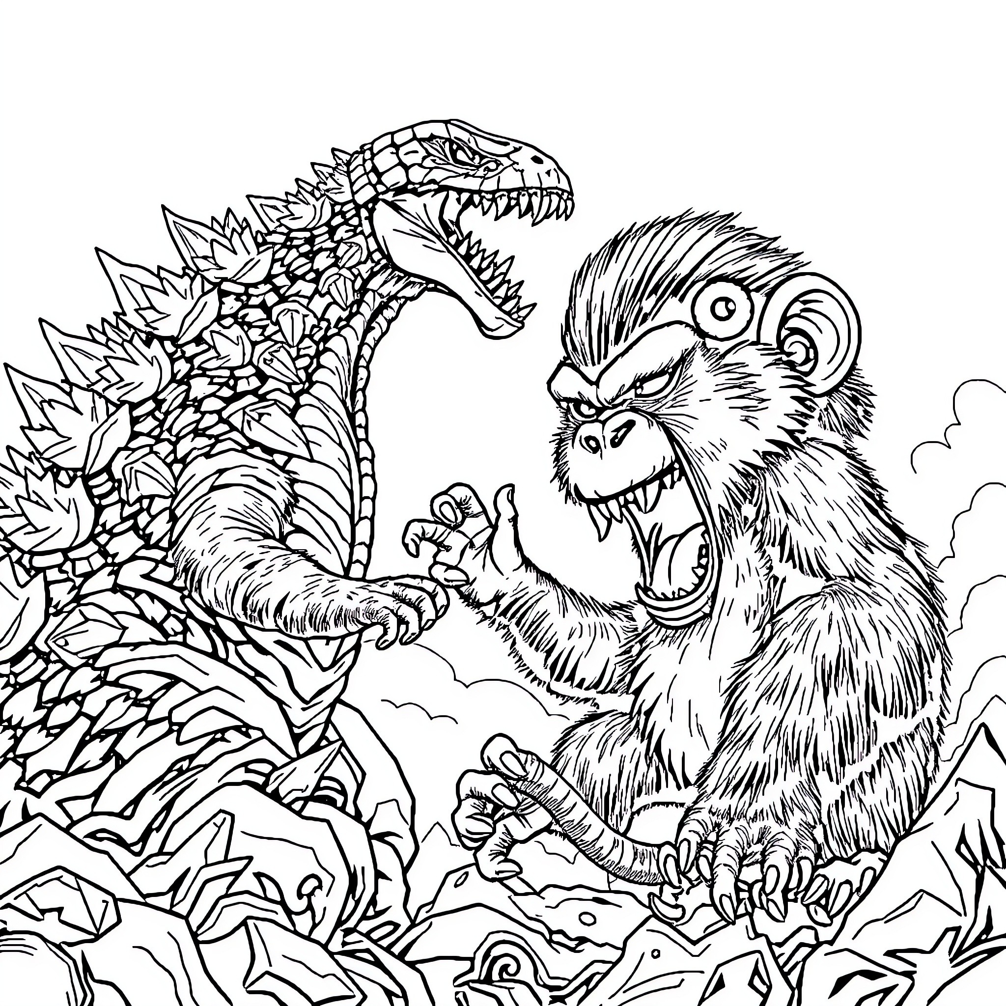 Godzilla and Furious Ape Confront in Rugged Landscape Coloring Page (free black-and-white line drawing printable PDF for all, from beginners to advanced learners, including children, teens, adults, and seniors)