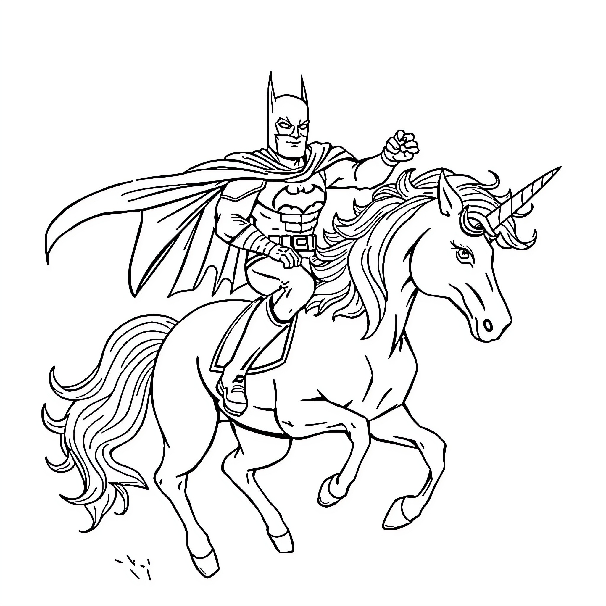 Batman riding a unicorn in action Coloring Page (free black-and-white line drawing printable PDF for all, from beginners to advanced learners, including children, teens, adults, and seniors)