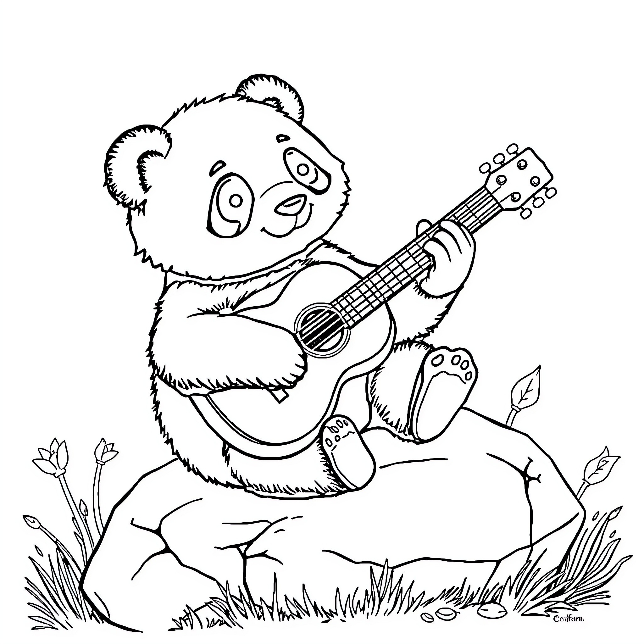 Panda playing guitar on a grassy hill Coloring Page (free black-and-white line drawing printable PDF for all, from beginners to advanced learners, including children, teens, adults, and seniors)