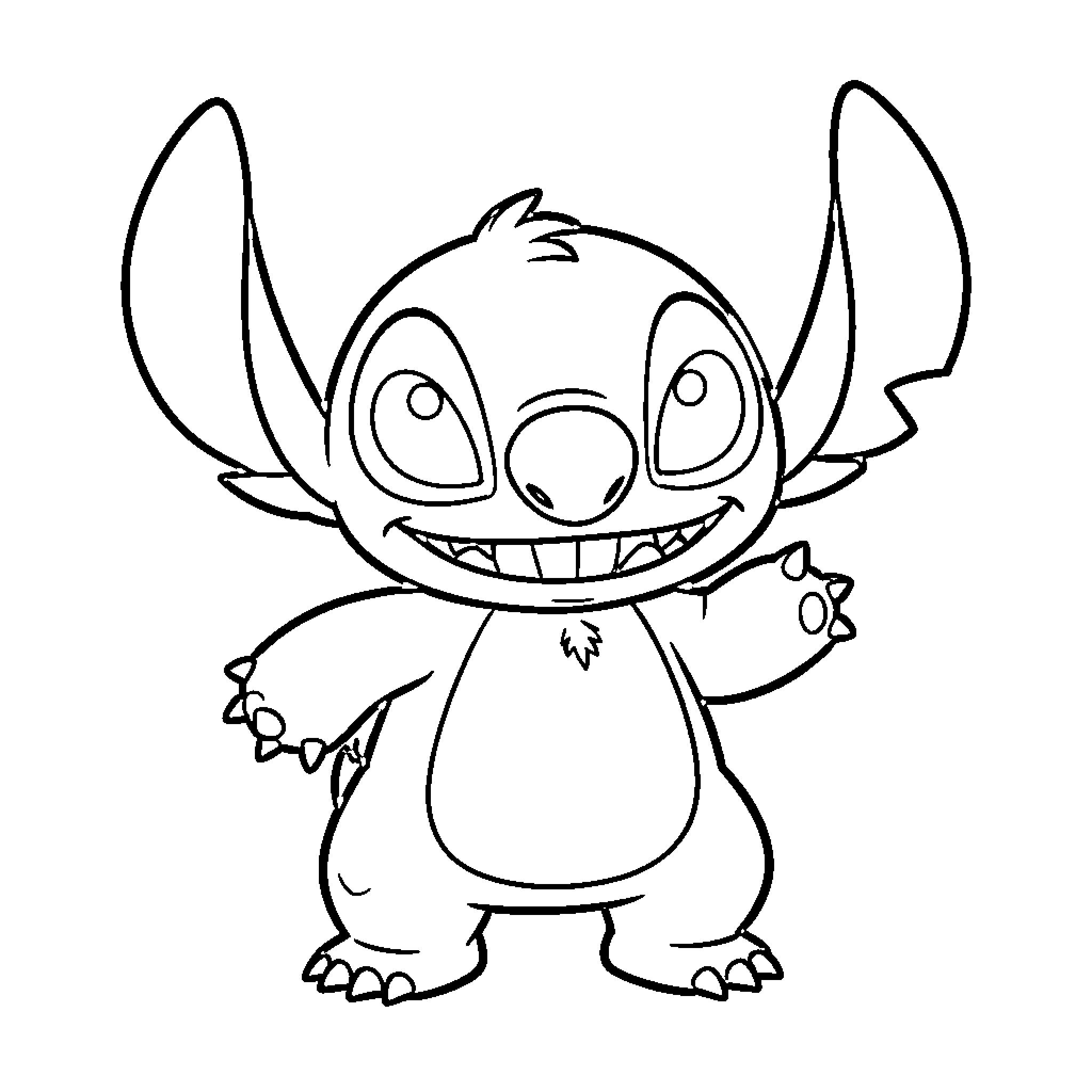 Stitch standing with a wide happy smile Coloring Page (free black-and-white line drawing printable PDF for all, from beginners to advanced learners, including children, teens, adults, and seniors)