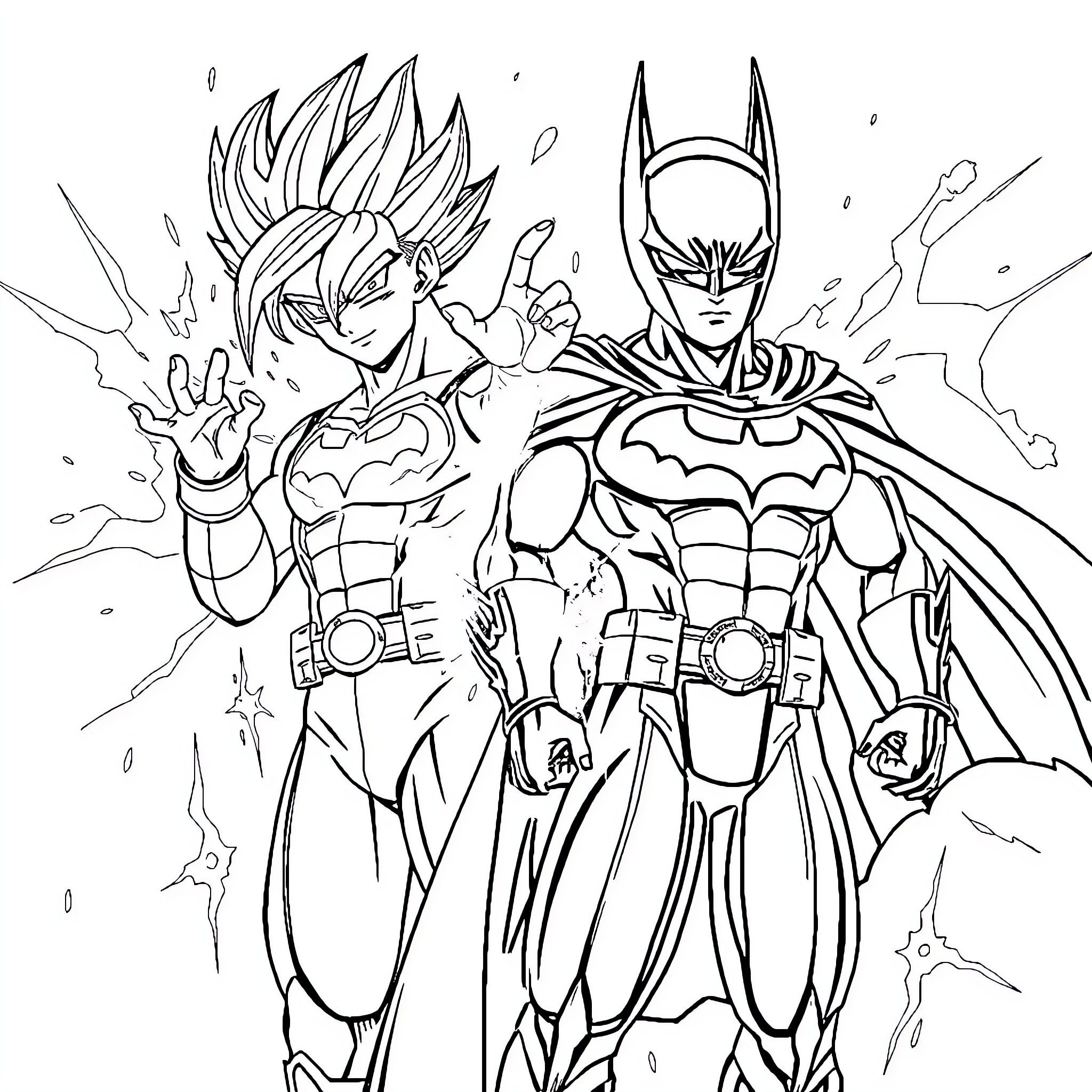 Superman and Batman in an action scene Coloring Page (free black-and-white line drawing printable PDF for all, from beginners to advanced learners, including children, teens, adults, and seniors)