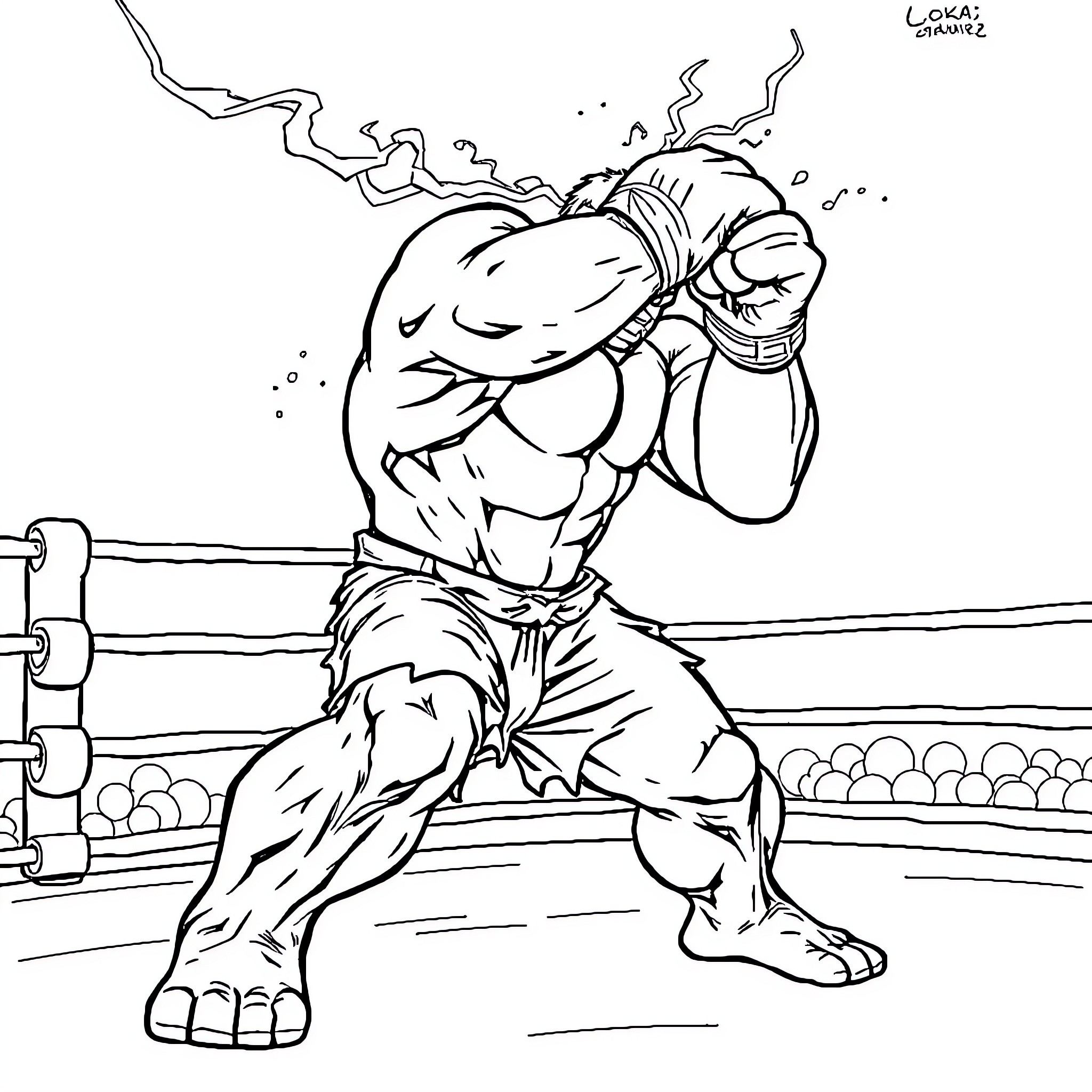 Hulk Raging and Punching in Boxing Ring Coloring Page (free black-and-white line drawing printable PDF for all, from beginners to advanced learners, including children, teens, adults, and seniors)