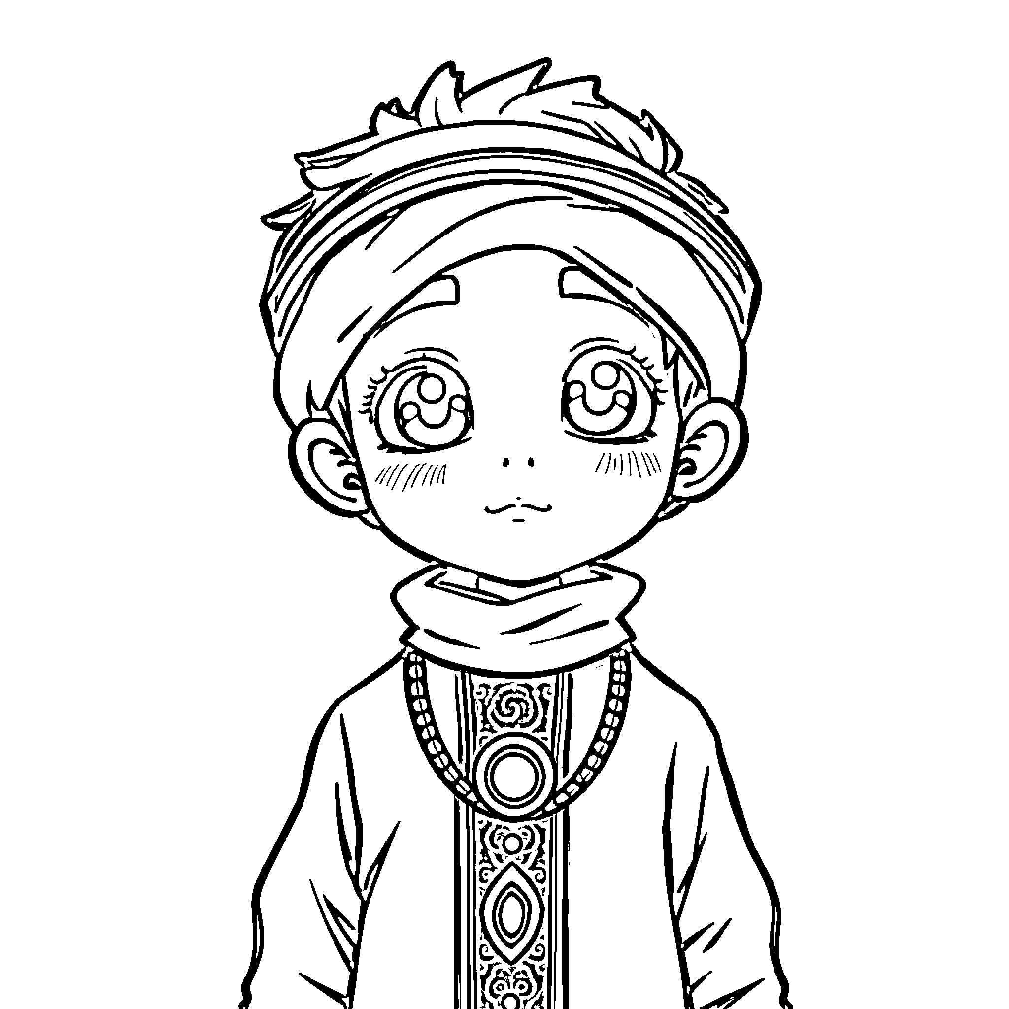 Turkish Boy in Traditional Attire Coloring Page (free black-and-white line drawing printable PDF for all, from beginners to advanced learners, including children, teens, adults, and seniors)