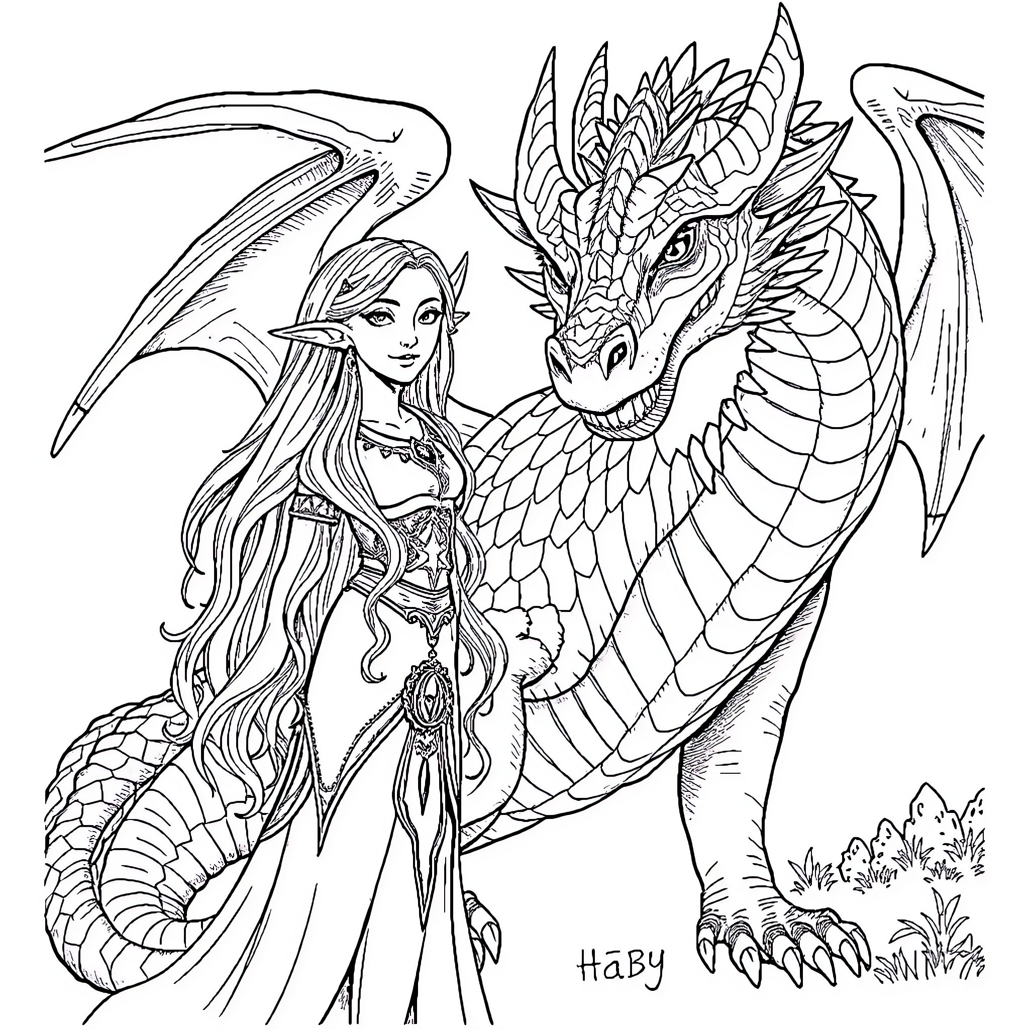 Elf warrior and her majestic dragon companion Coloring Page (free black-and-white line drawing printable PDF for all, from beginners to advanced learners, including children, teens, adults, and seniors)