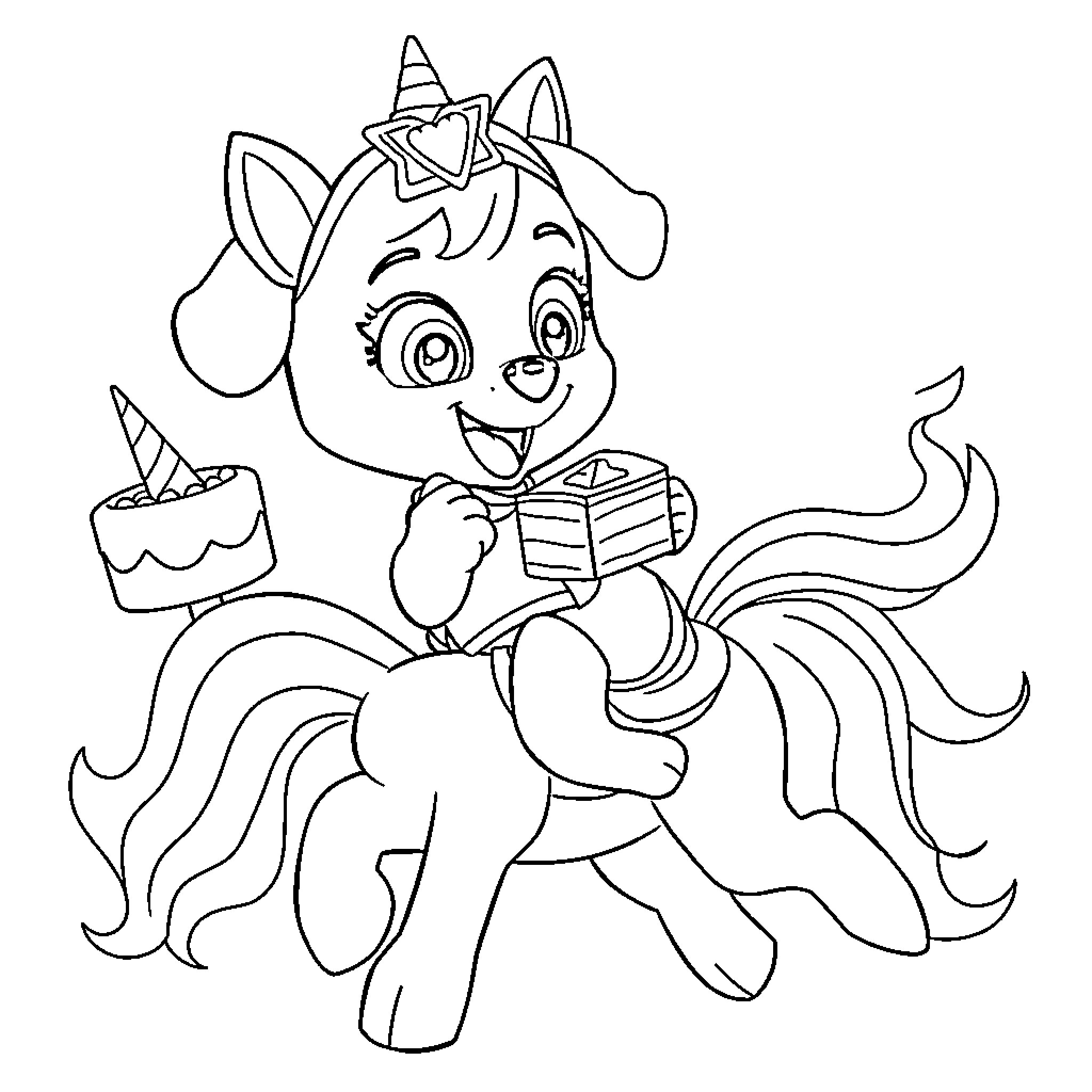 Skye the pony with birthday cake Coloring Page (free black-and-white line drawing printable PDF for all, from beginners to advanced learners, including children, teens, adults, and seniors)