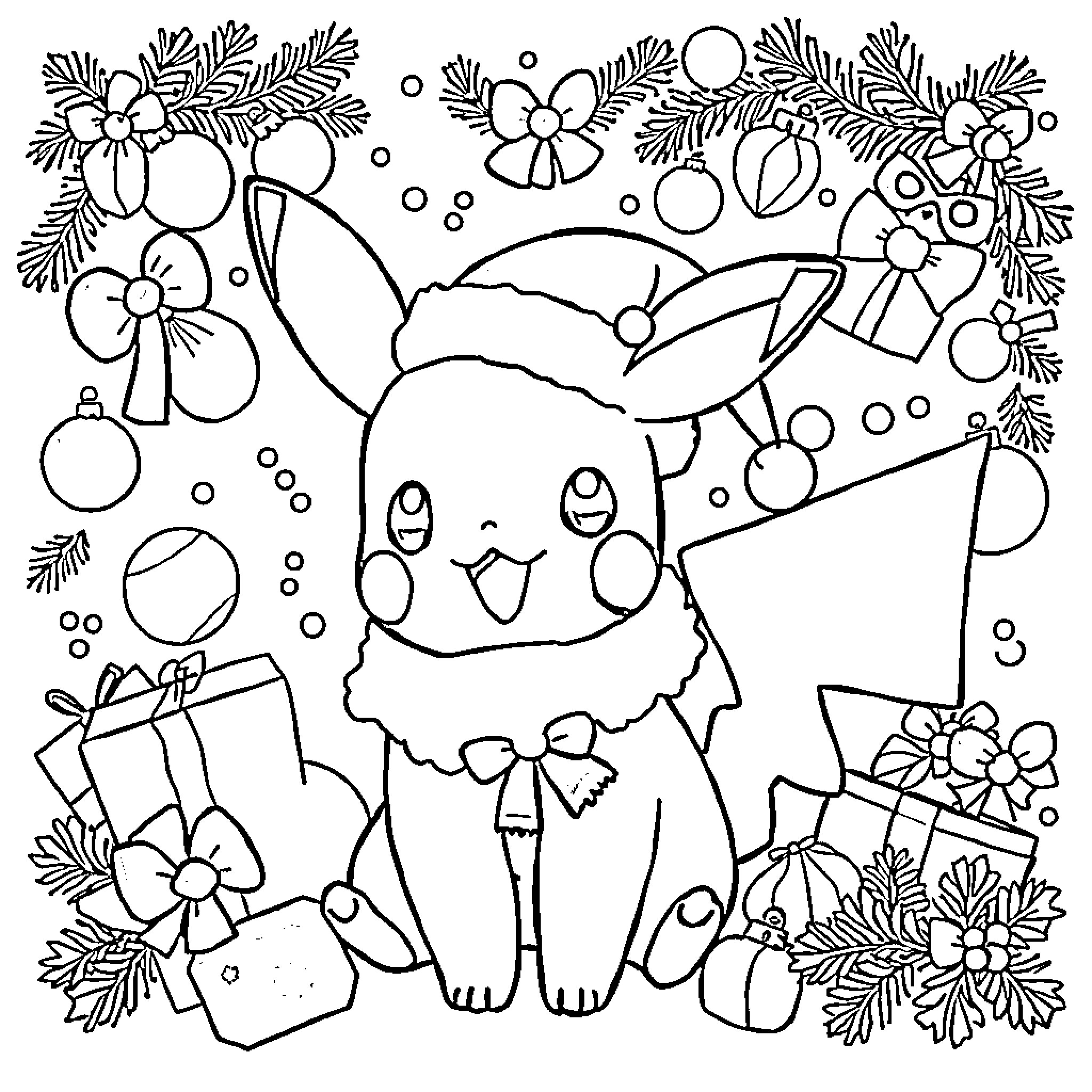 Pokémon Pikachu in Festive Holiday Scene Coloring Page (free black-and-white line drawing printable PDF for all, from beginners to advanced learners, including children, teens, adults, and seniors)