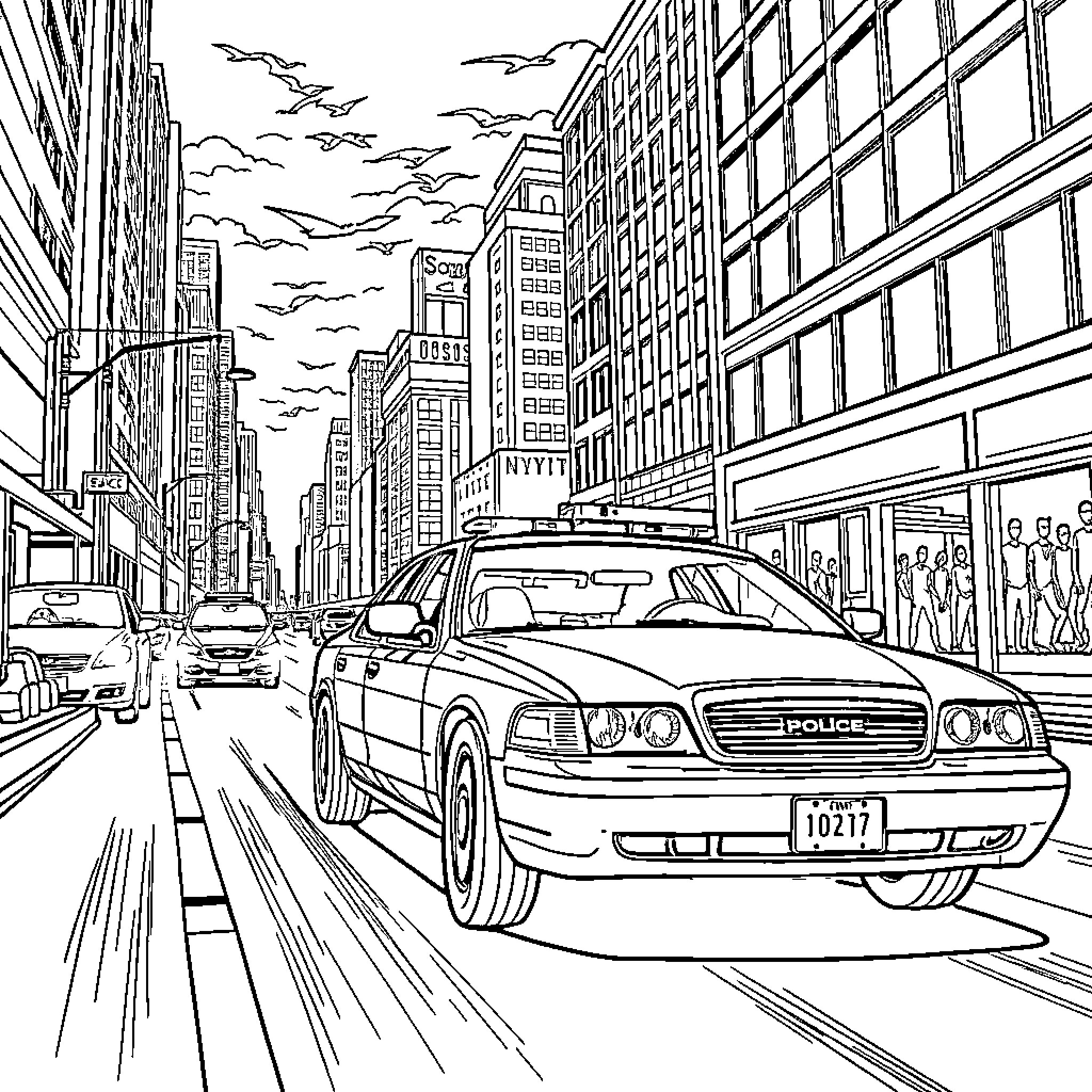 Police Car Responding to Emergency in Busy City Coloring Page (free black-and-white line drawing printable PDF for all, from beginners to advanced learners, including children, teens, adults, and seniors)