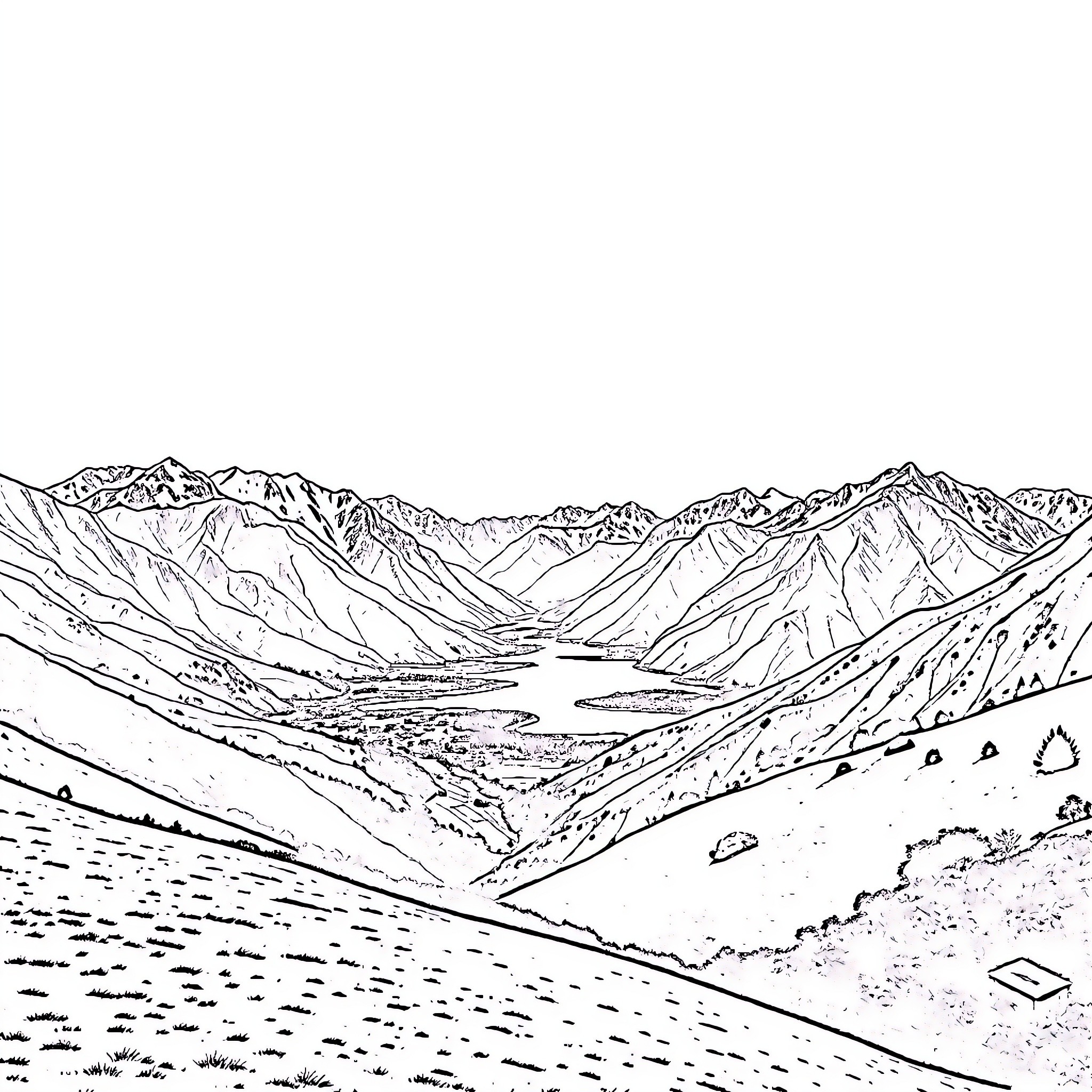 New Zealand Mountainous Landscape with Lake Coloring Page (free black-and-white line drawing printable PDF for all, from beginners to advanced learners, including children, teens, adults, and seniors)