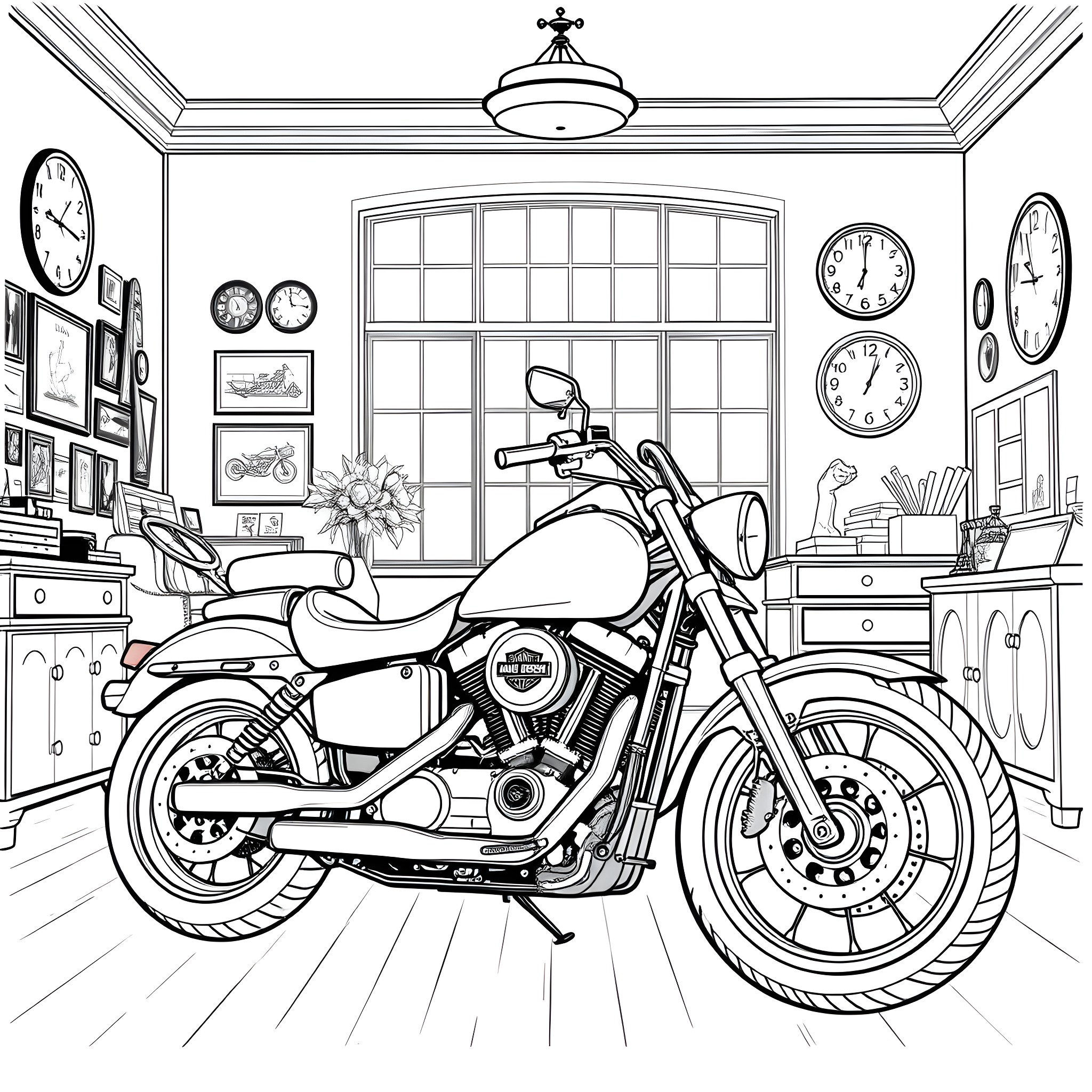 Harley Davidson motorcycle in a cozy home garage Coloring Page (free black-and-white line drawing printable PDF for all, from beginners to advanced learners, including children, teens, adults, and seniors)