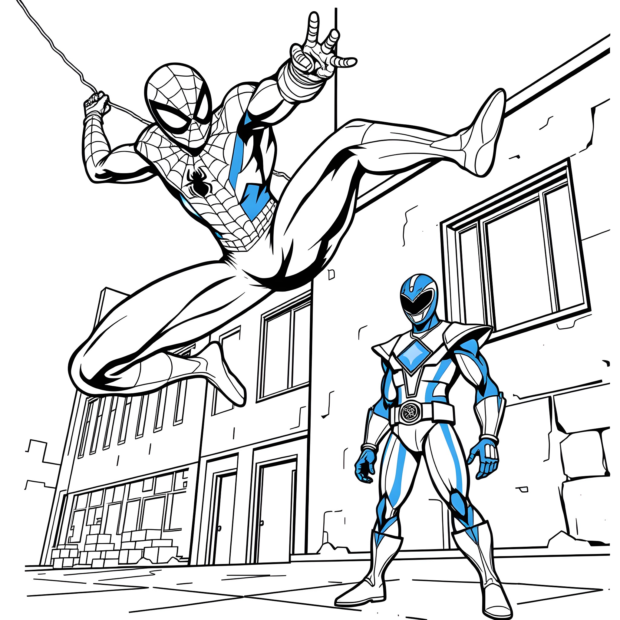 Spiderman swinging through the city and Blue Ranger fighting Coloring Page (free black-and-white line drawing printable PDF for all, from beginners to advanced learners, including children, teens, adults, and seniors)