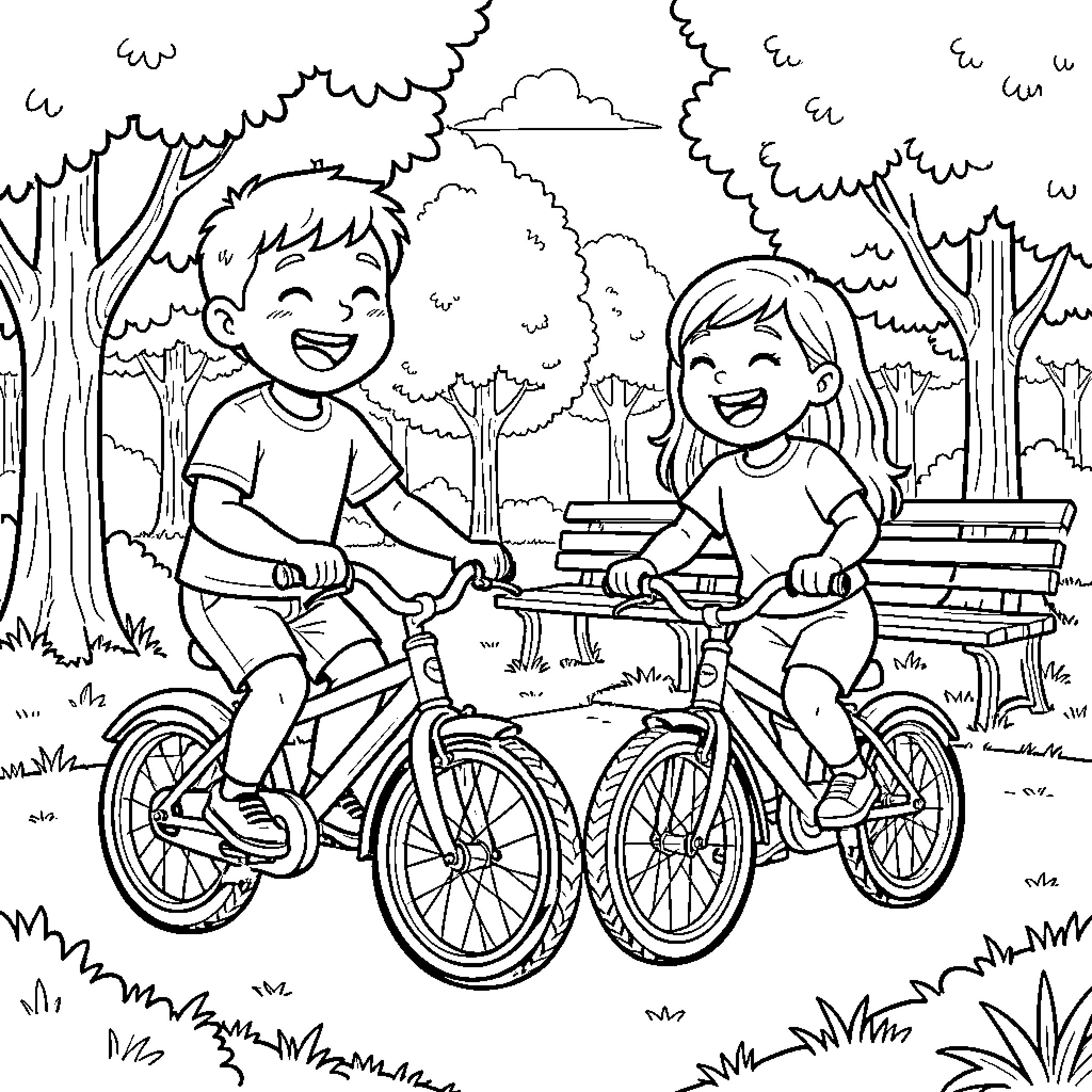 Frère and sister riding bicycles happily in the park Coloring Page (free black-and-white line drawing printable PDF for all, from beginners to advanced learners, including children, teens, adults, and seniors)