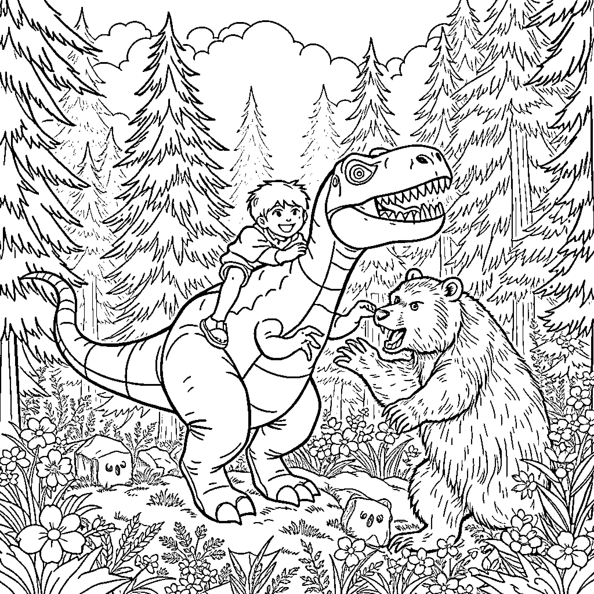 Boy exploring the wilderness with a dinosaur and bear Coloring Page (free black-and-white line drawing printable PDF for all, from beginners to advanced learners, including children, teens, adults, and seniors)