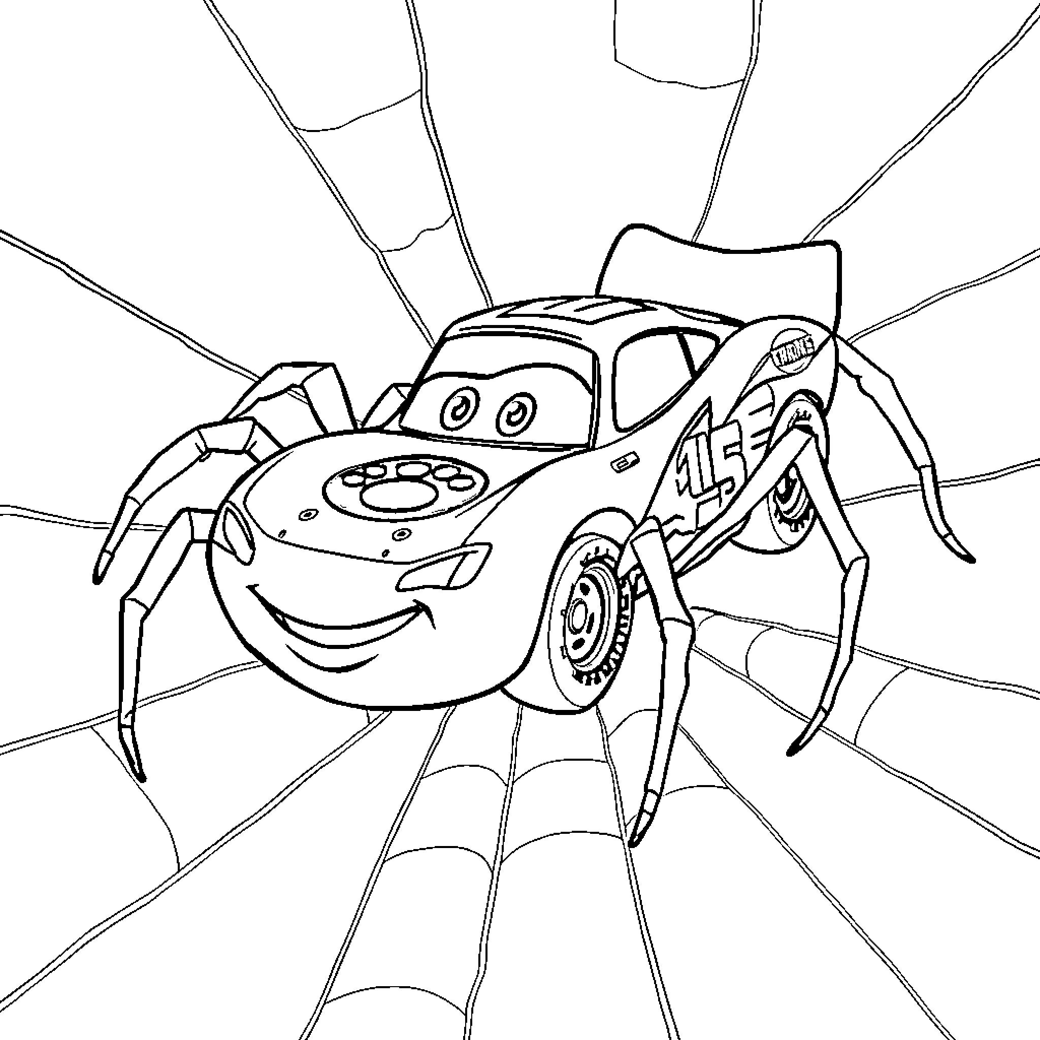 Lightning McQueen as a funny spider Coloring Page (free black-and-white line drawing printable PDF for all, from beginners to advanced learners, including children, teens, adults, and seniors)