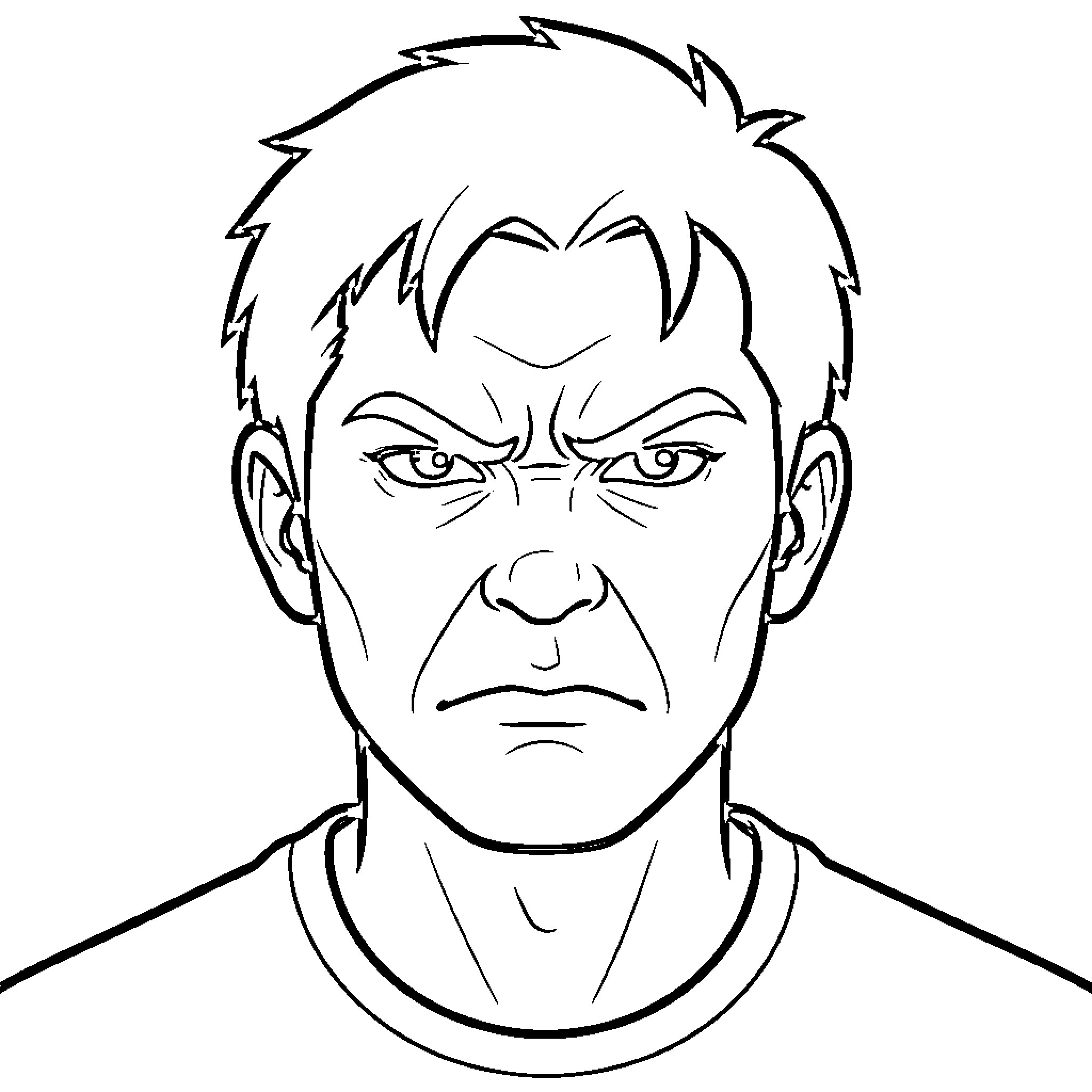 Angry man's intense facial expression Coloring Page (free black-and-white line drawing printable PDF for all, from beginners to advanced learners, including children, teens, adults, and seniors)