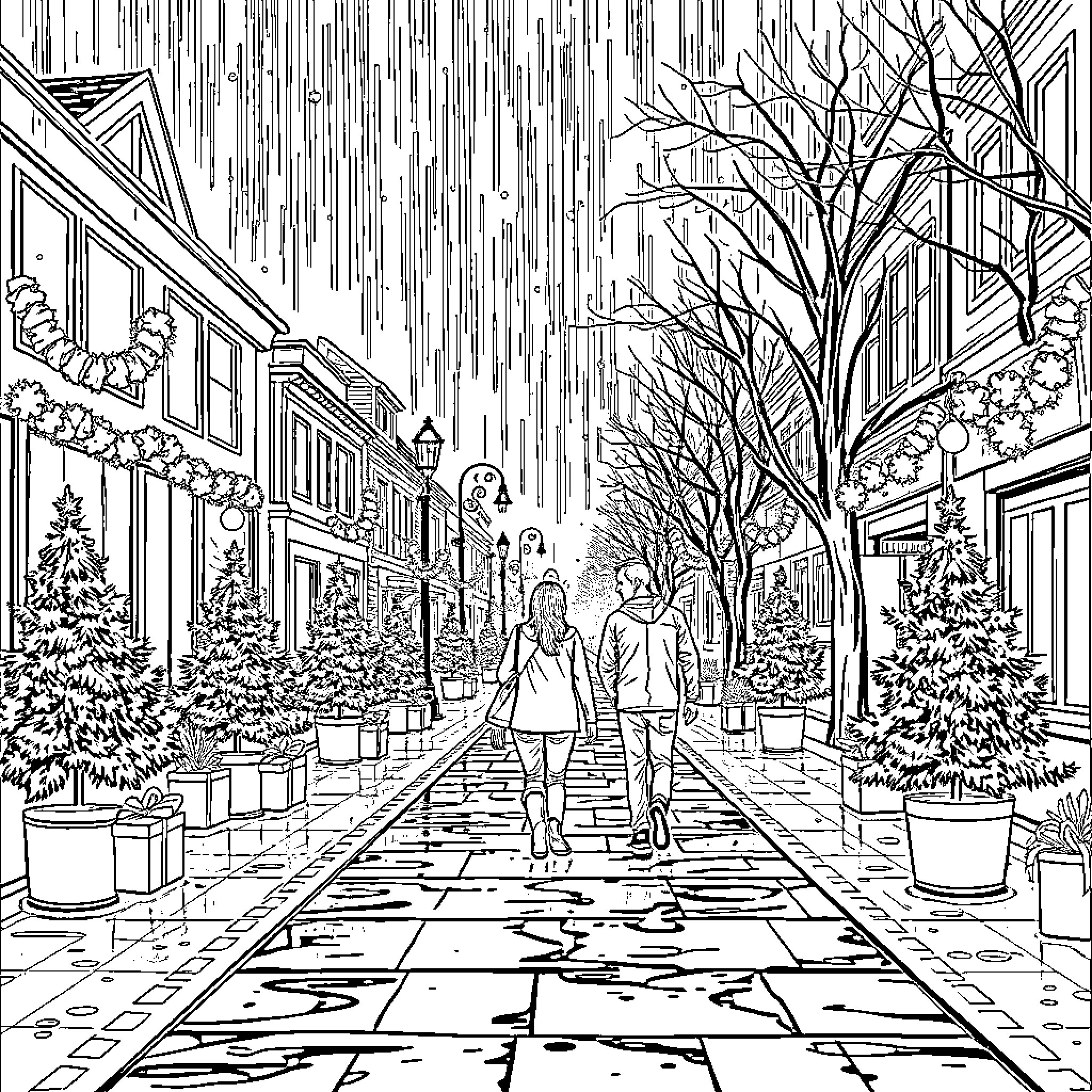 Mental Health: Couples Walking Through Festive City Street Coloring Page (free black-and-white line drawing printable PDF for all, from beginners to advanced learners, including children, teens, adults, and seniors)