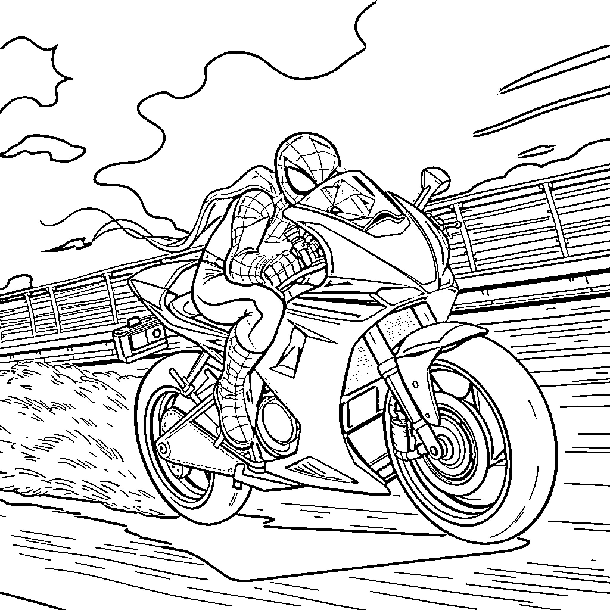Spiderman riding a high-speed motorcycle on the open road Coloring Page (free black-and-white line drawing printable PDF for all, from beginners to advanced learners, including children, teens, adults, and seniors)
