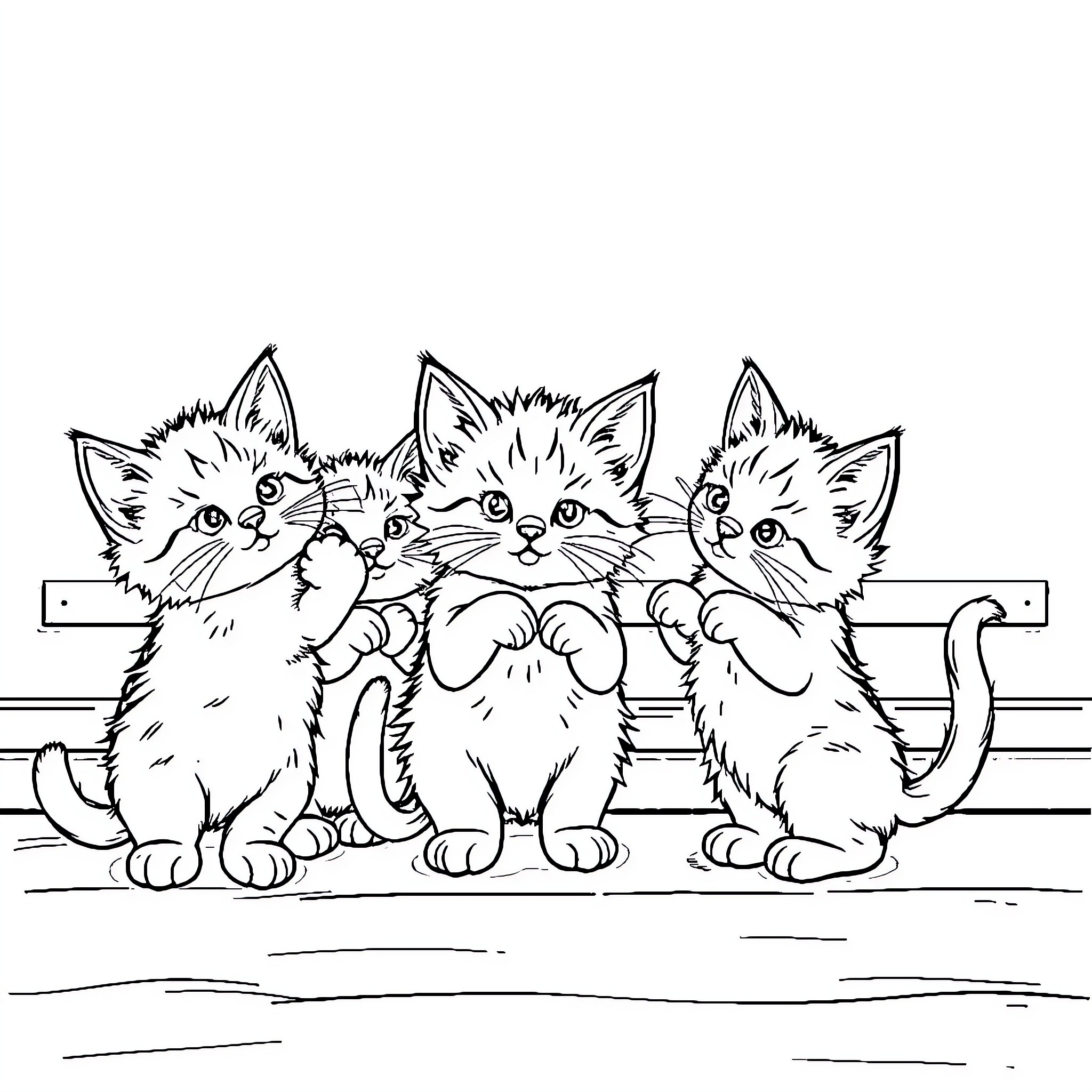 Kittens Sitting Curiously on Bench Coloring Page (free black-and-white line drawing printable PDF for all, from beginners to advanced learners, including children, teens, adults, and seniors)