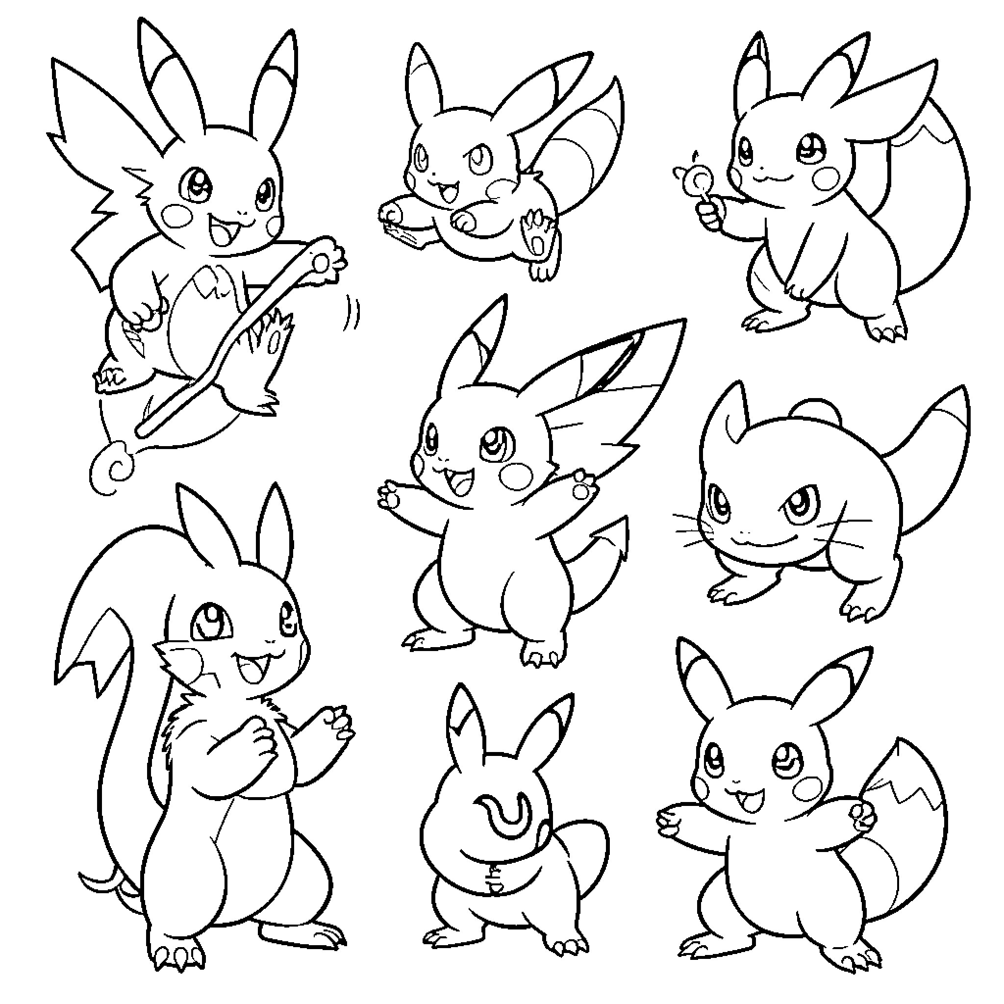Pokémon characters performing various playful and happy poses Coloring Page (free black-and-white line drawing printable PDF for all, from beginners to advanced learners, including children, teens, adults, and seniors)