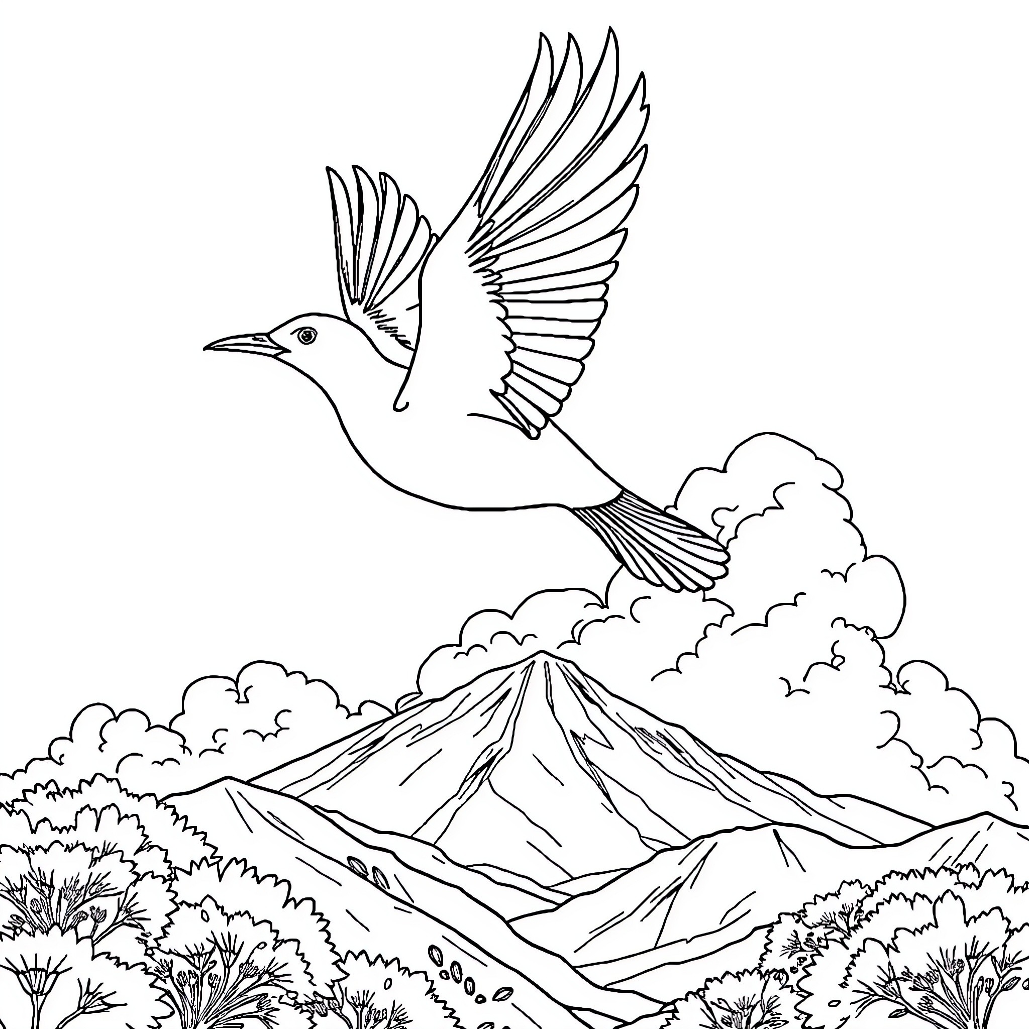 Bird soaring above mountain landscape Coloring Page (free black-and-white line drawing printable PDF for all, from beginners to advanced learners, including children, teens, adults, and seniors)