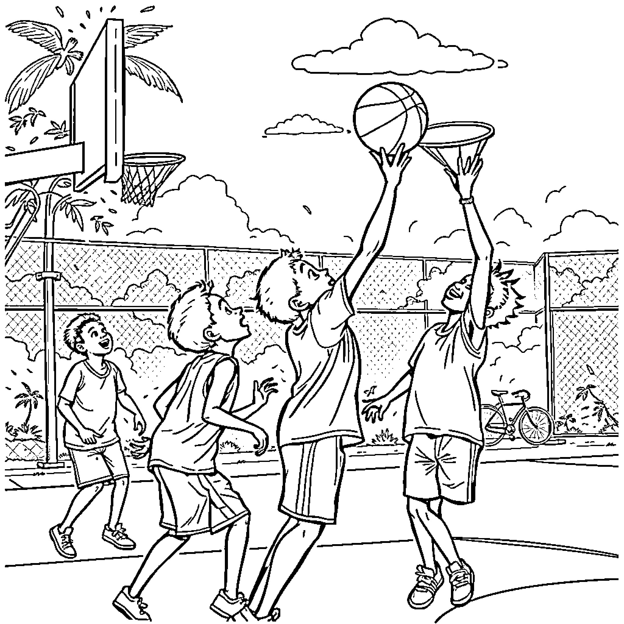 Boy playing basketball with friends on the court Coloring Page (free black-and-white line drawing printable PDF for all, from beginners to advanced learners, including children, teens, adults, and seniors)