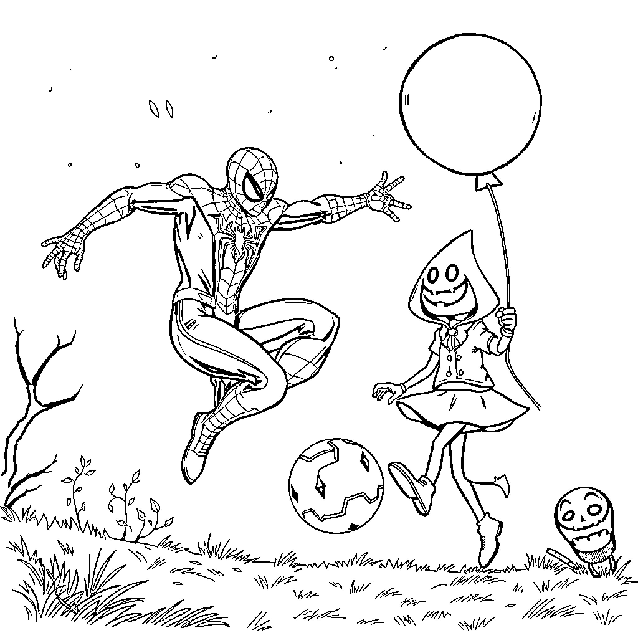 Spiderman Saves the Day from Mischievous Creatures Coloring Page (free black-and-white line drawing printable PDF for all, from beginners to advanced learners, including children, teens, adults, and seniors)
