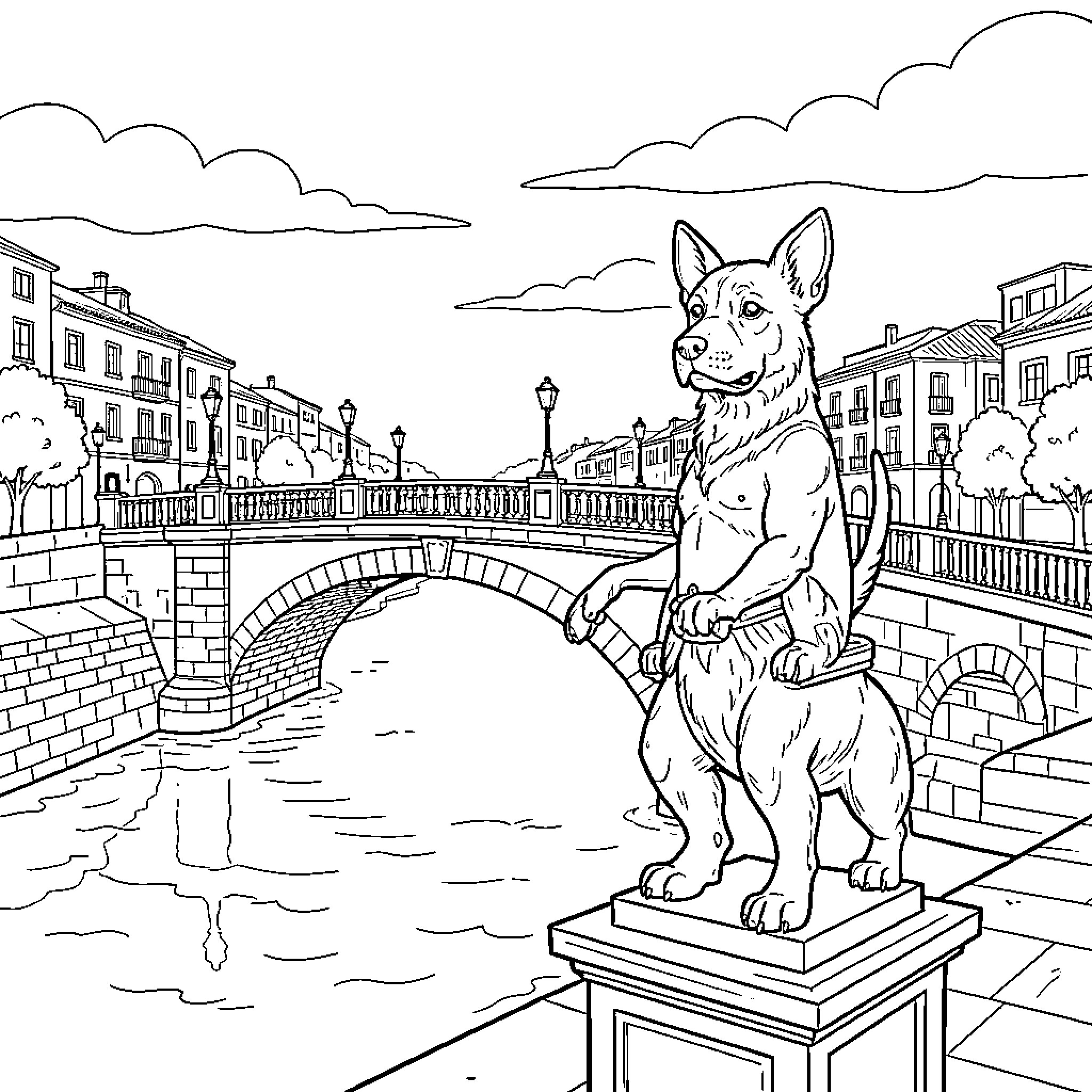 Puente de Triana with a friendly dog statue Coloring Page (free black-and-white line drawing printable PDF for all, from beginners to advanced learners, including children, teens, adults, and seniors)