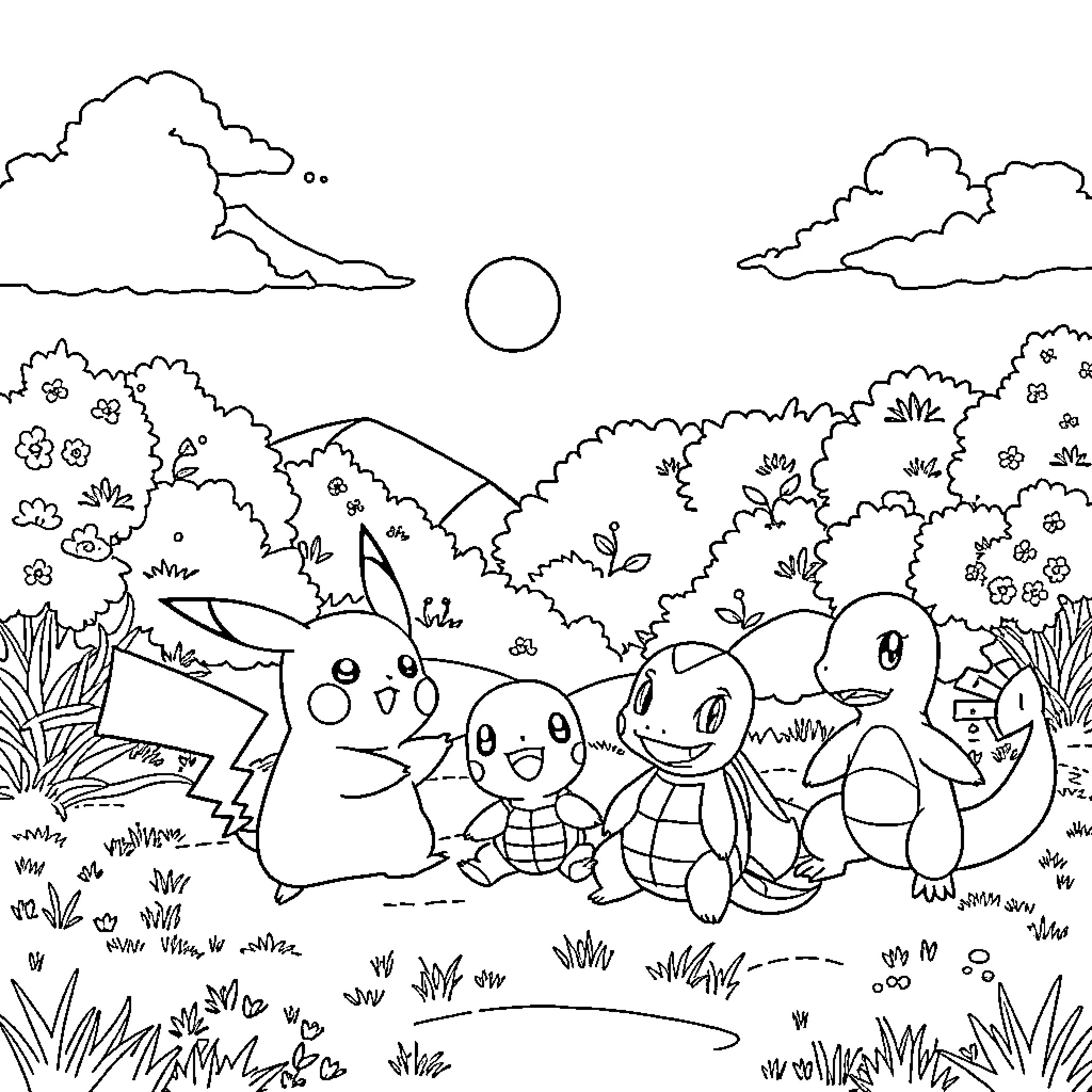 Pokémon characters exploring the scenic landscape Coloring Page (free black-and-white line drawing printable PDF for all, from beginners to advanced learners, including children, teens, adults, and seniors)