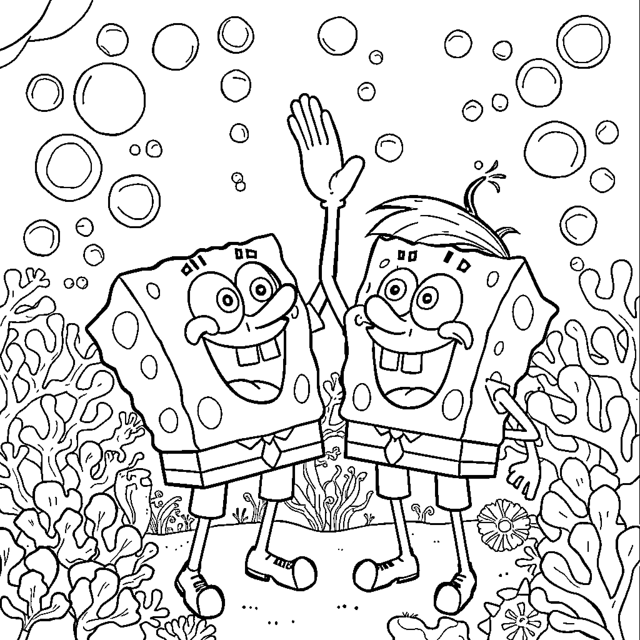 Spongebob and Patrick playing in an underwater world Coloring Page (free black-and-white line drawing printable PDF for all, from beginners to advanced learners, including children, teens, adults, and seniors)