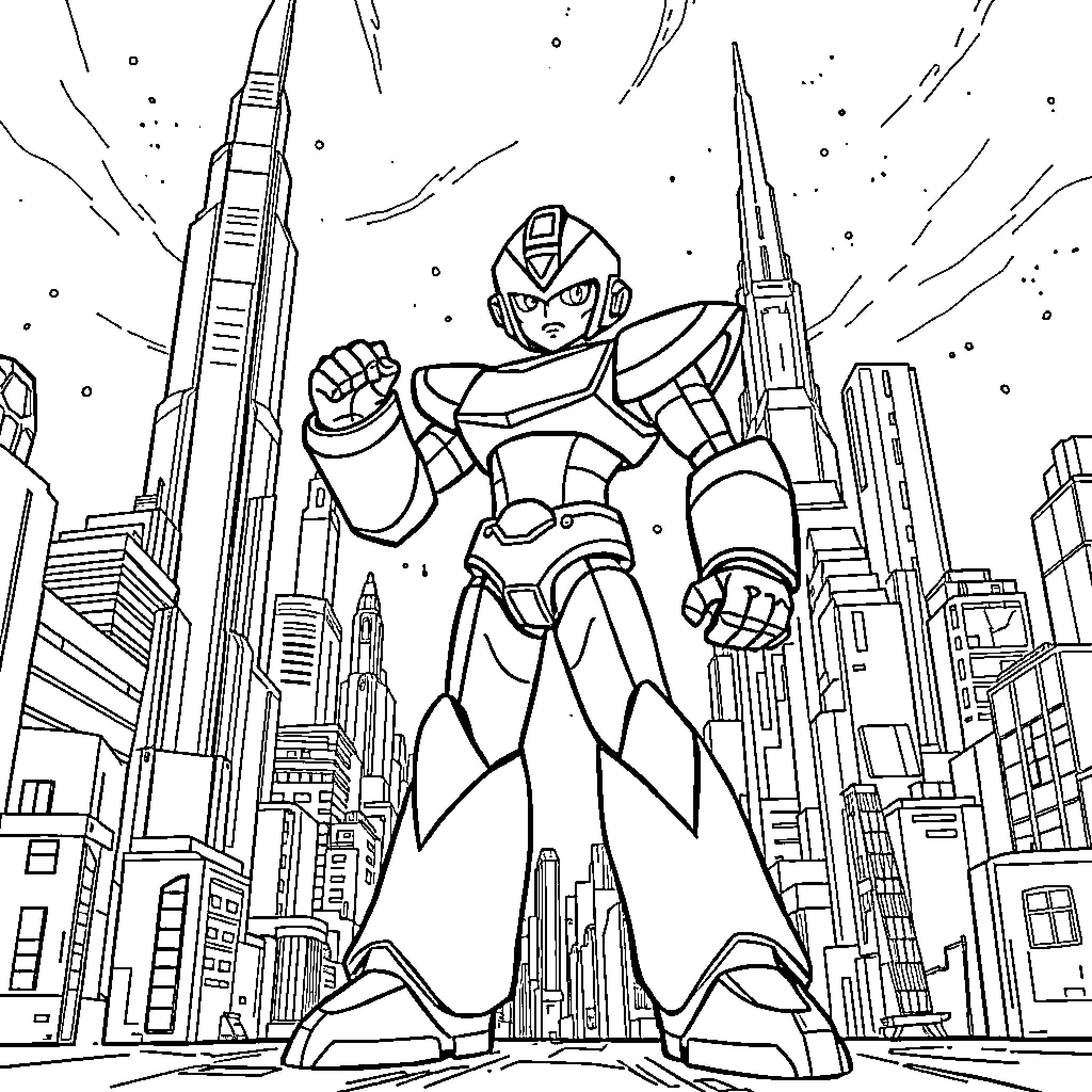 Mega Man battles in the city skyline Coloring Page (free black-and-white line drawing printable PDF for all, from beginners to advanced learners, including children, teens, adults, and seniors)