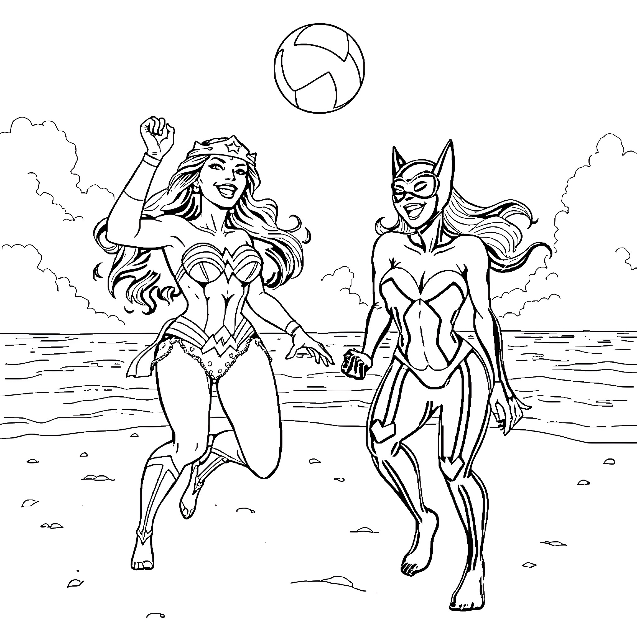 Wonder Woman and Batwoman in heroic poses Coloring Page (free black-and-white line drawing printable PDF for all, from beginners to advanced learners, including children, teens, adults, and seniors)