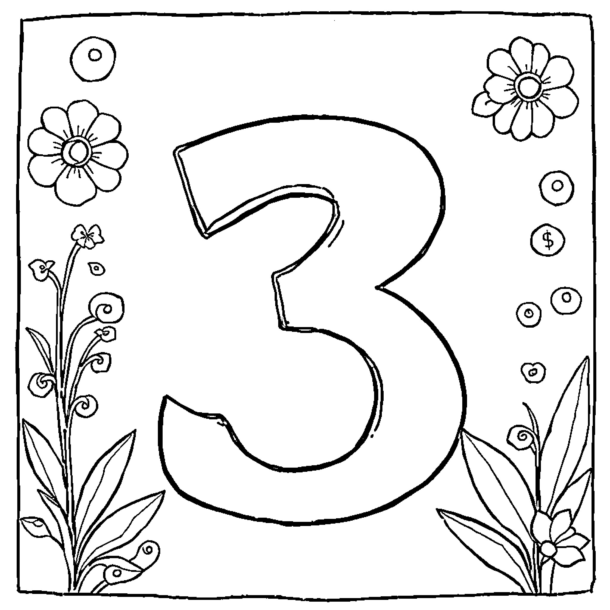 3 floral number surrounded by nature Coloring Page (free black-and-white line drawing printable PDF for all, from beginners to advanced learners, including children, teens, adults, and seniors)