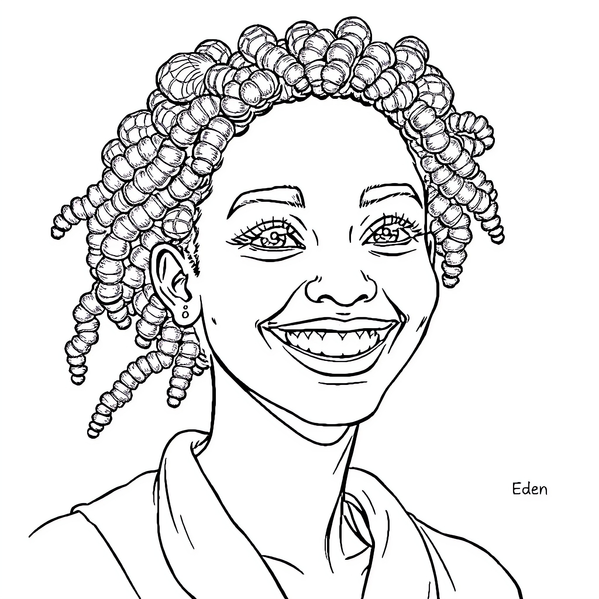 Éden Smiling Woman with Intricate Hairstyle Coloring Page (free black-and-white line drawing printable PDF for all, from beginners to advanced learners, including children, teens, adults, and seniors)