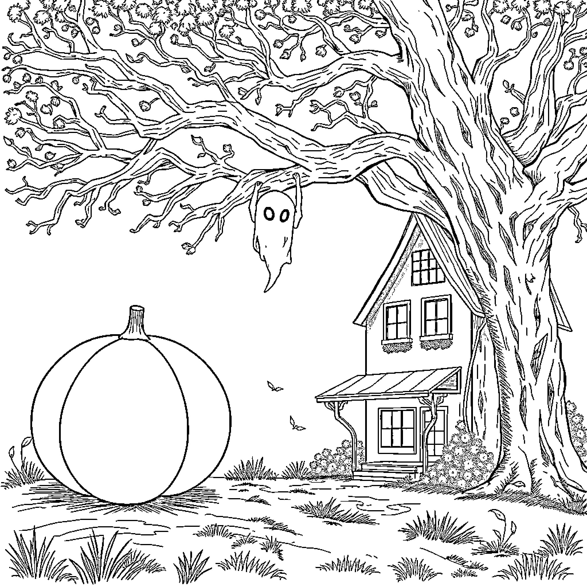 Pumpkin Patch House with Spooky Tree Coloring Page (free black-and-white line drawing printable PDF for all, from beginners to advanced learners, including children, teens, adults, and seniors)