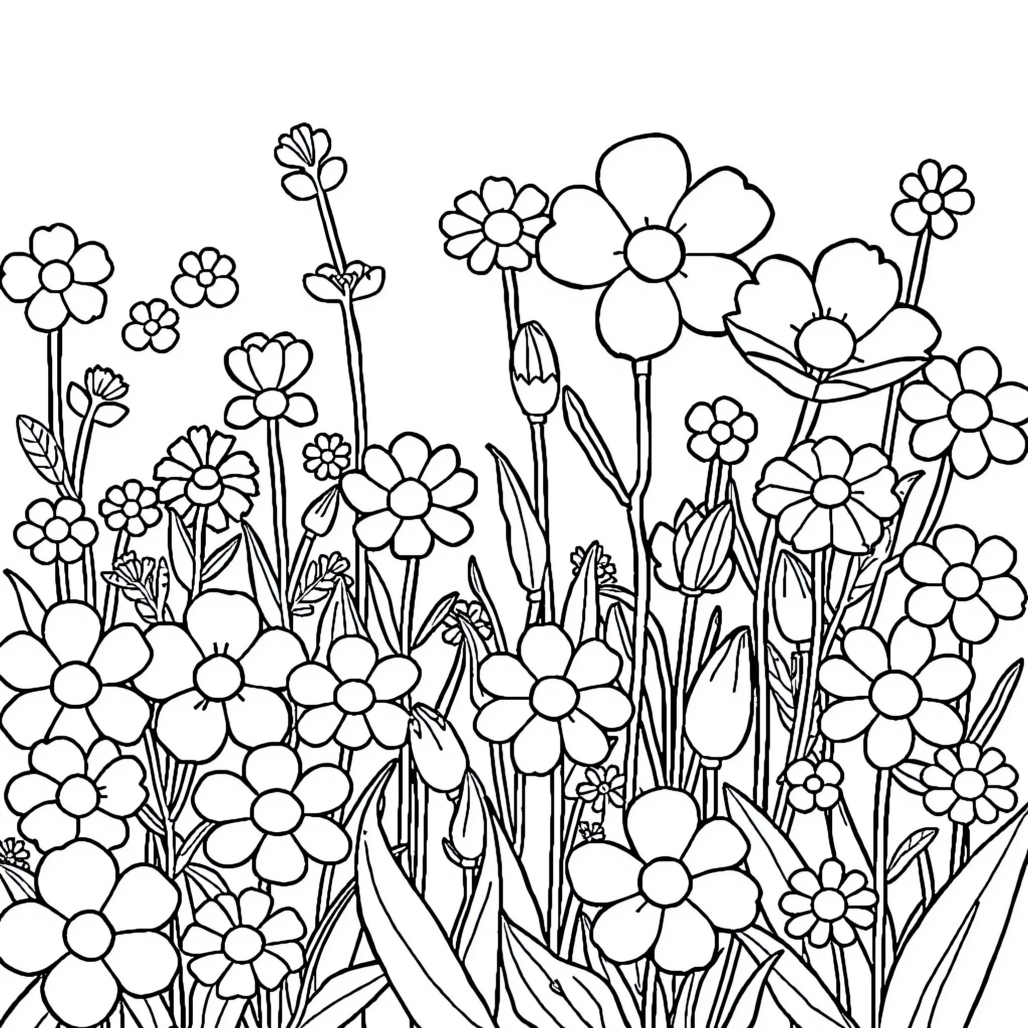 Flower Garden with Vibrant Blossoms Coloring Page (free black-and-white line drawing printable PDF for all, from beginners to advanced learners, including children, teens, adults, and seniors)