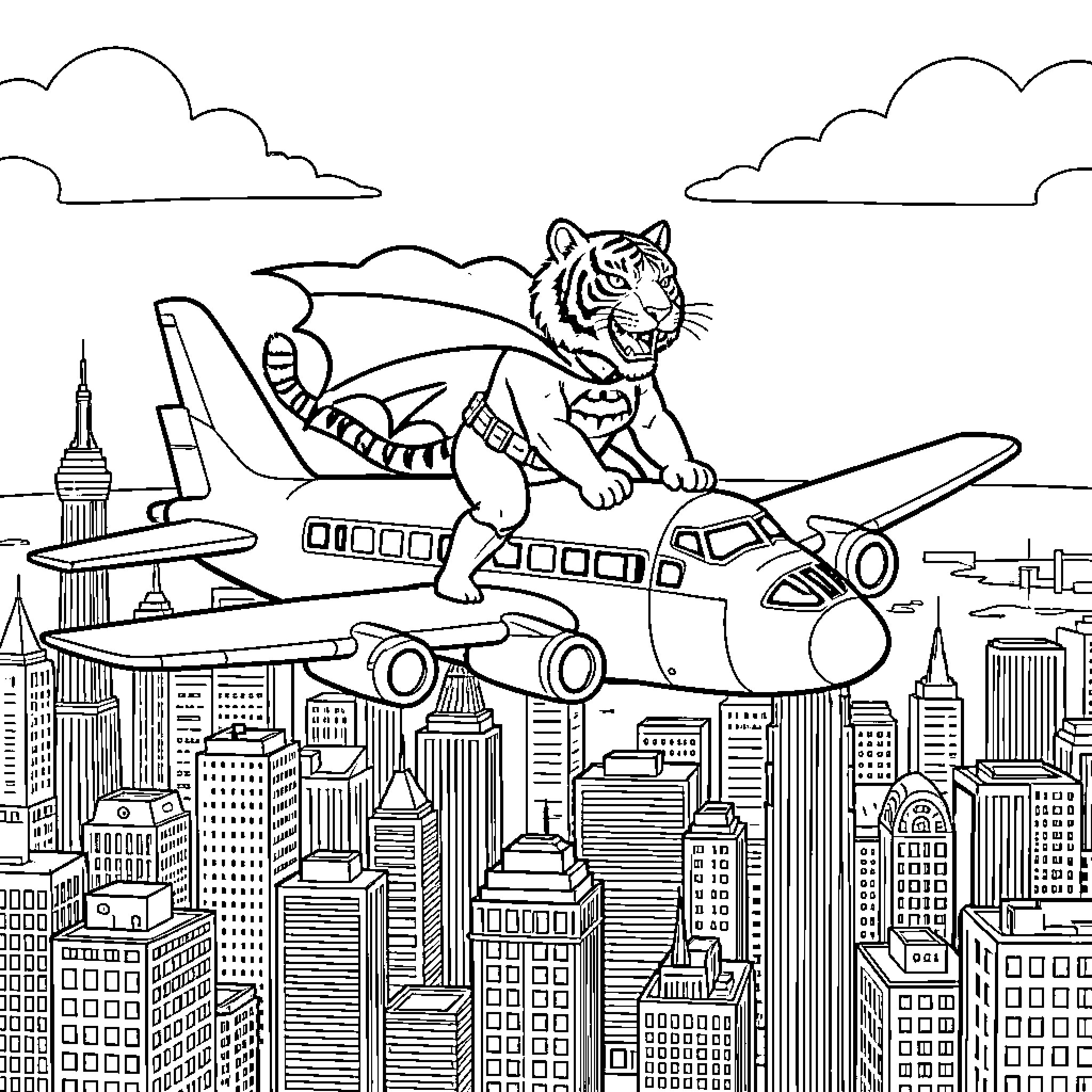 Tiger flying high over the city skyline Coloring Page (free black-and-white line drawing printable PDF for all, from beginners to advanced learners, including children, teens, adults, and seniors)