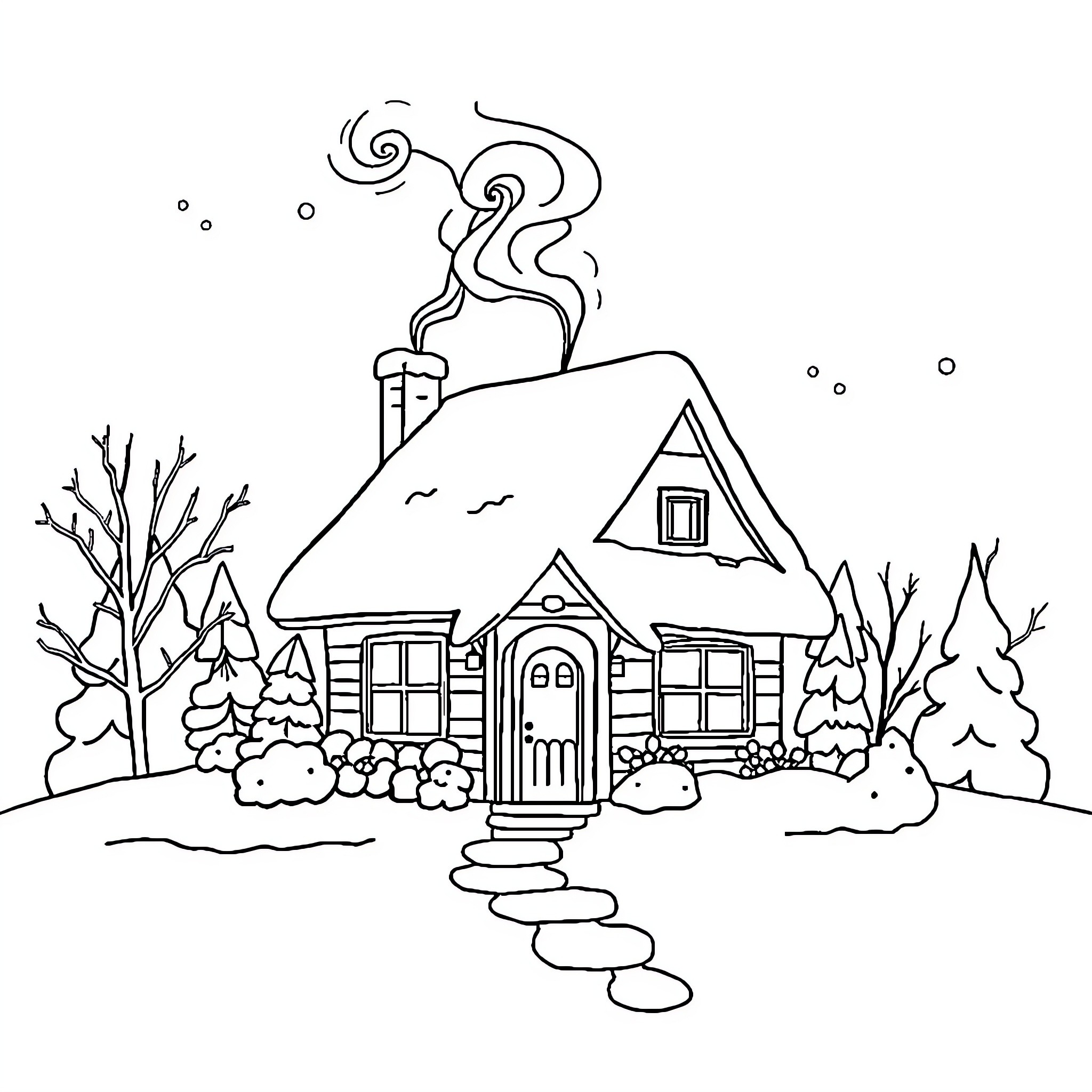 Home in Winter Wonderland Coloring Page (free black-and-white line drawing printable PDF for all, from beginners to advanced learners, including children, teens, adults, and seniors)