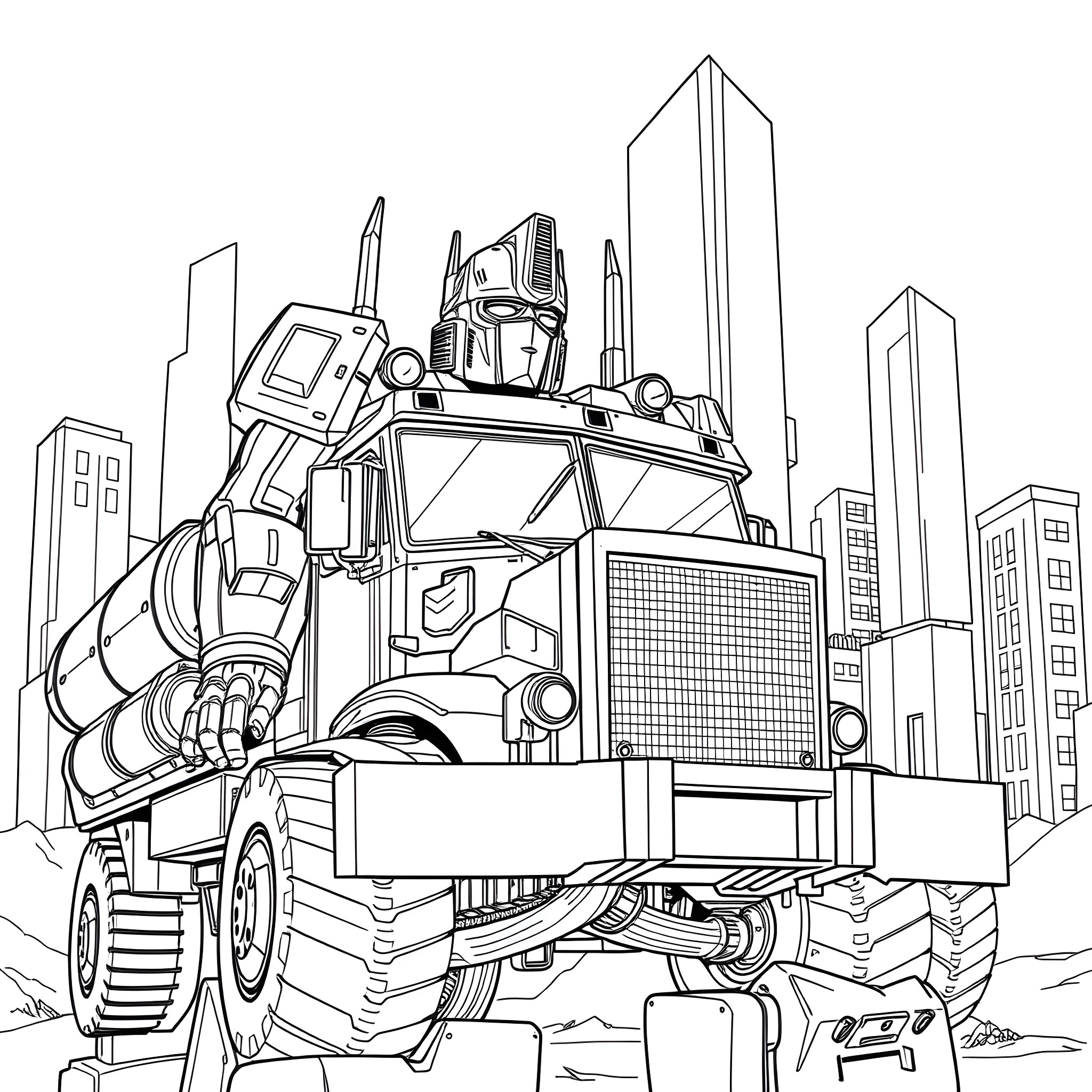 Optimus Prime leading the Autobots in the city Coloring Page (free black-and-white line drawing printable PDF for all, from beginners to advanced learners, including children, teens, adults, and seniors)